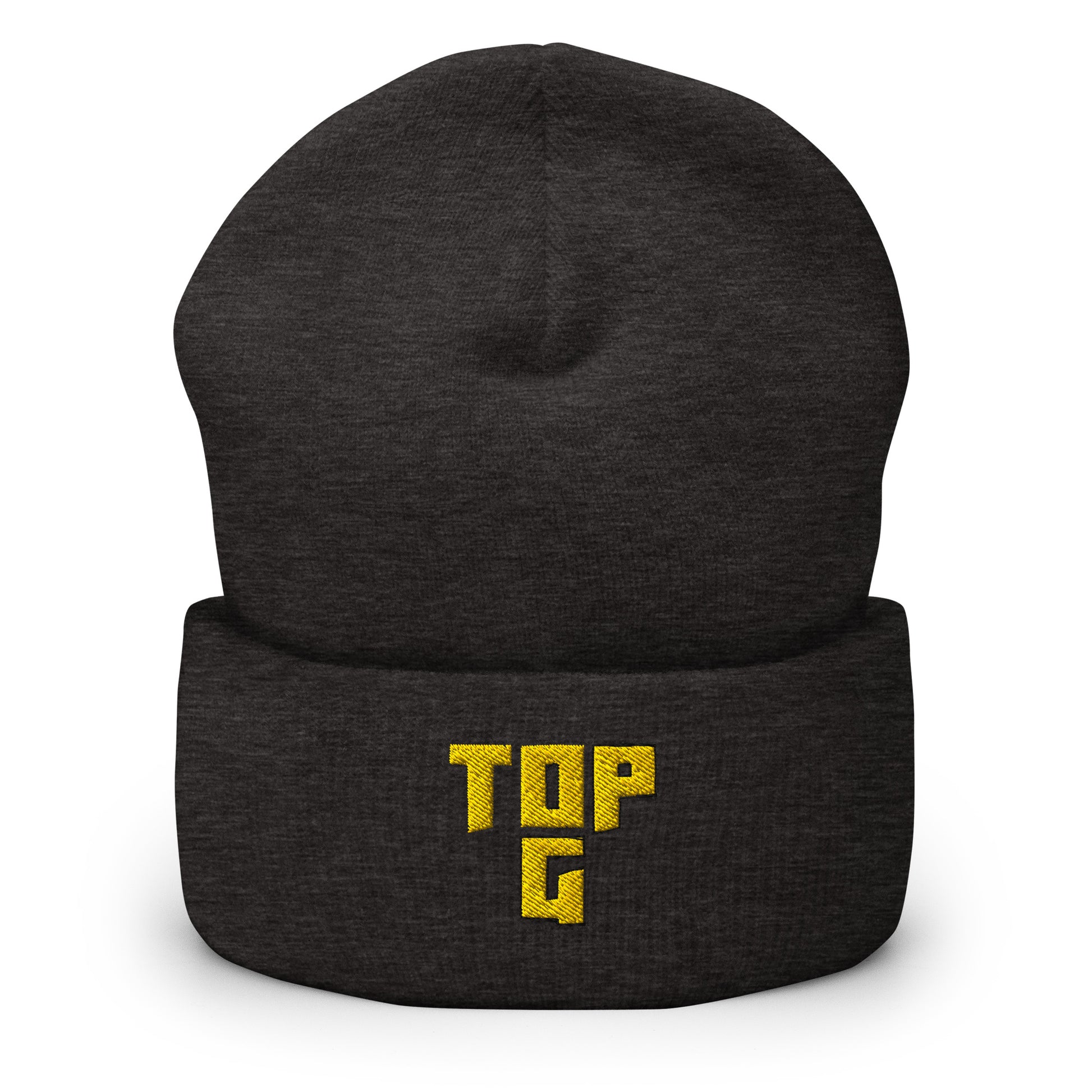 Meemirotta Top G pipo mustana, jossa keltainen TOP G -logo edessä