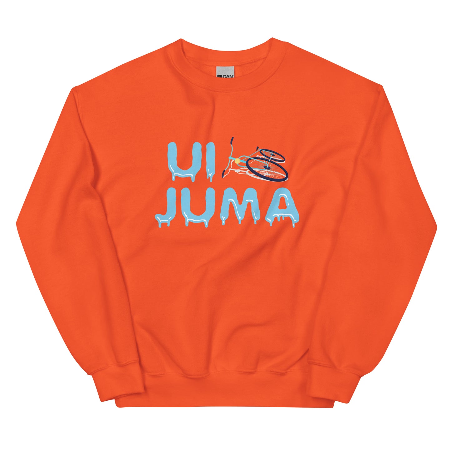 Oranssi ui juma collegepaita, jossa vesivärityylinen logo ja rento muotoilu