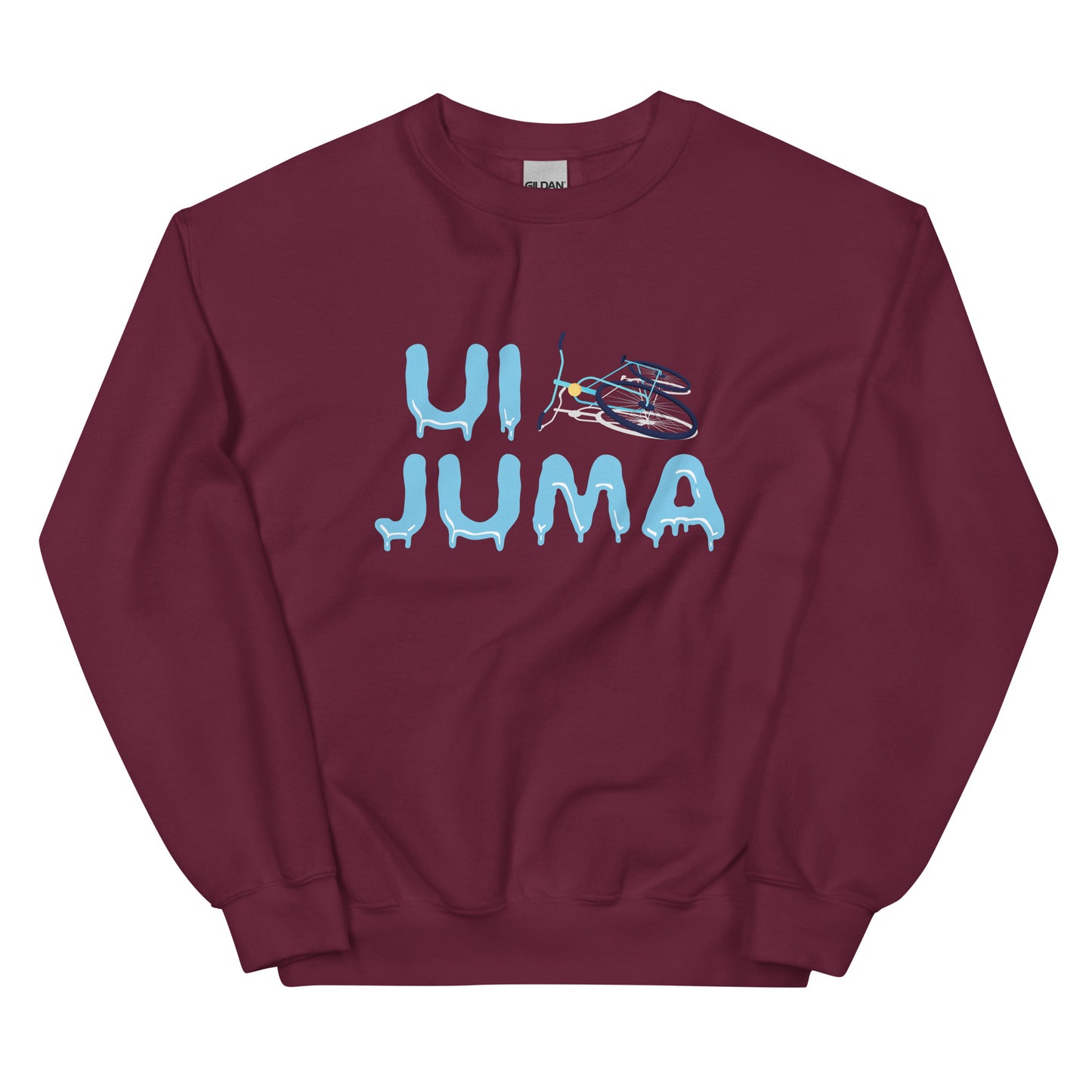 Burgundinpunainen ui juma collegepaita, jossa on värikäs logo ja muotoiluelementtejä
