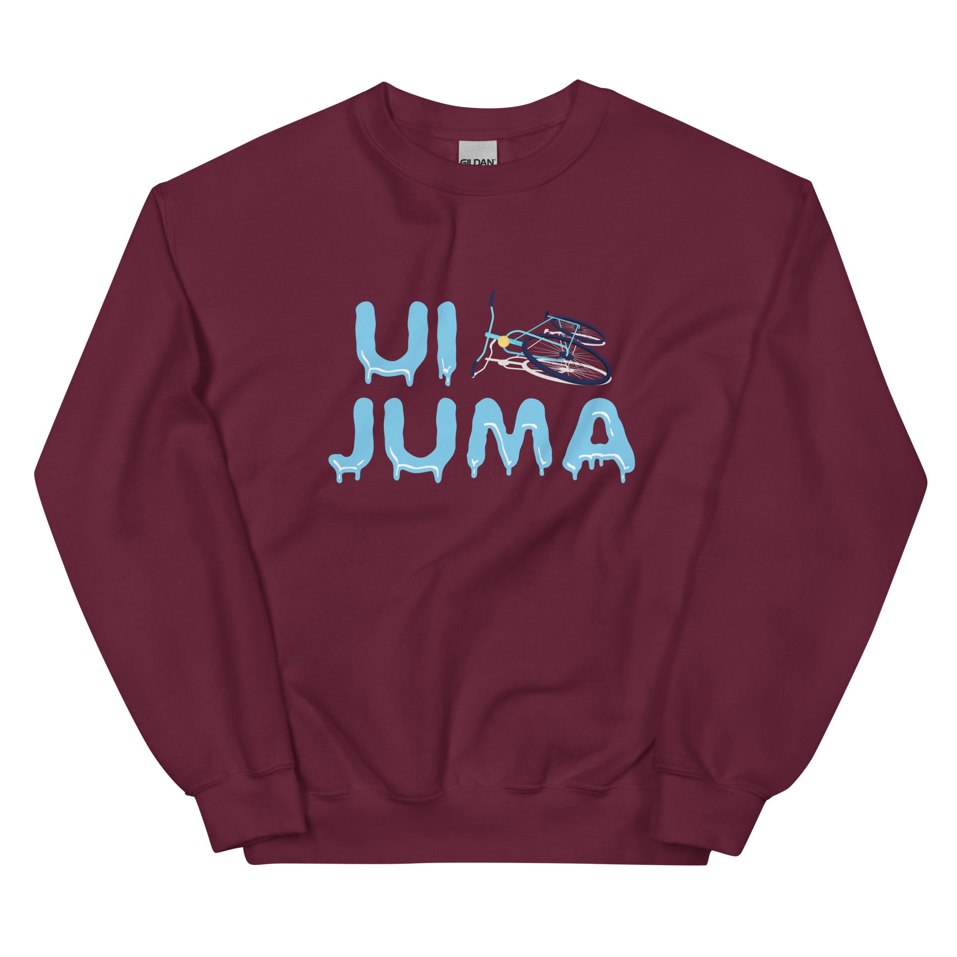 Burgundinpunainen ui juma collegepaita, jossa on värikäs logo ja muotoiluelementtejä