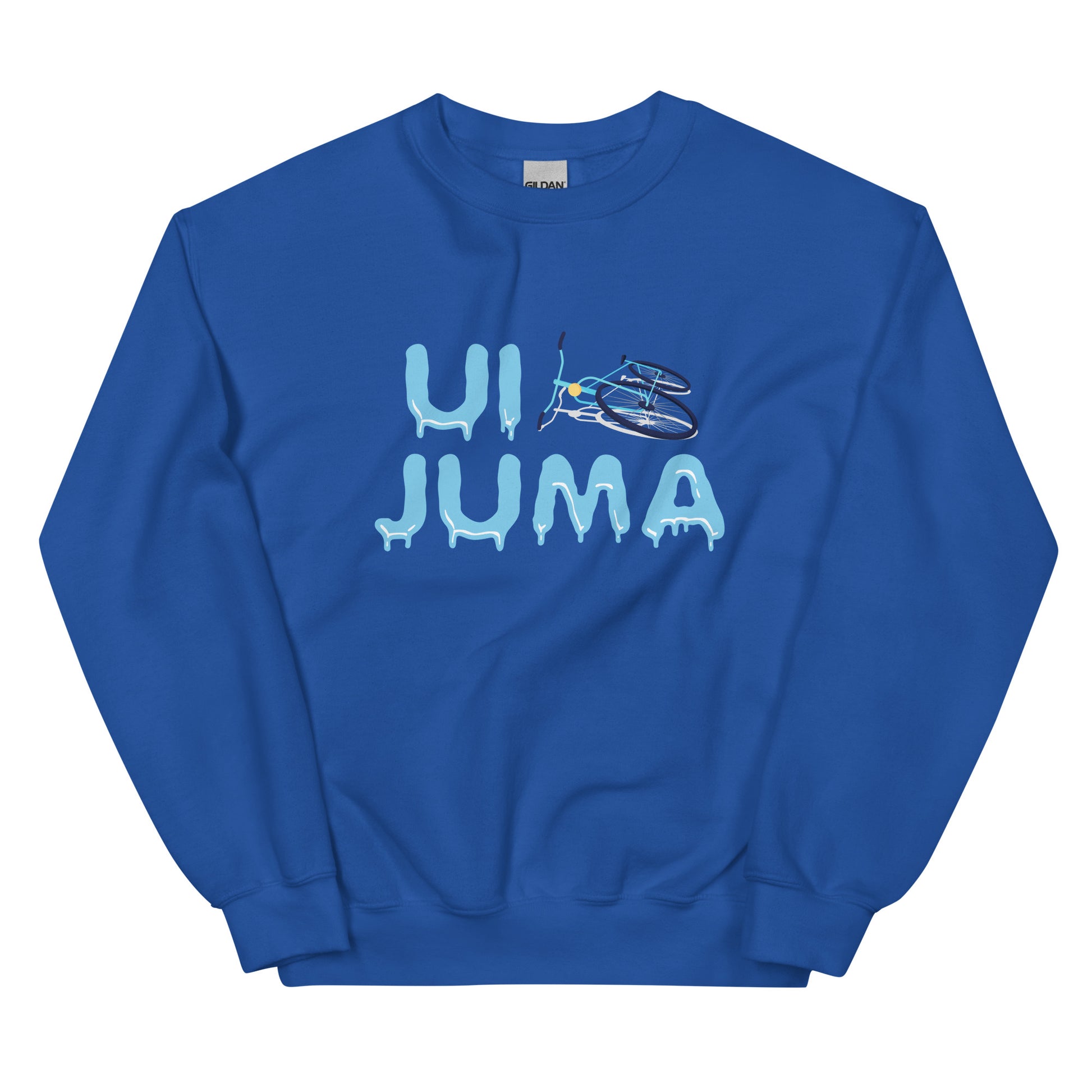 Sininen ui juma collegepaita, jossa jäätynyt teksti ja uimarenkaat koristavat edustaa rentoa tyyliä.