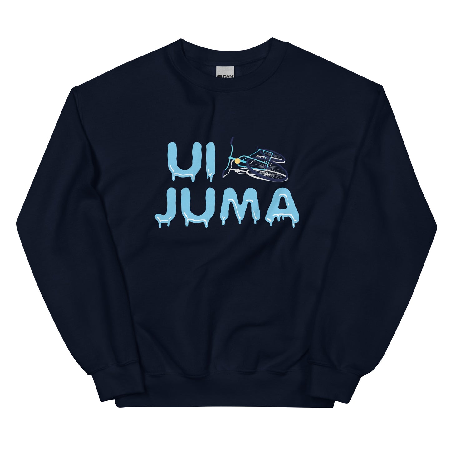 Meemirotta ui juma collegepaita tummansinisellä taustalla ja jäätymisen teeman grafiikalla