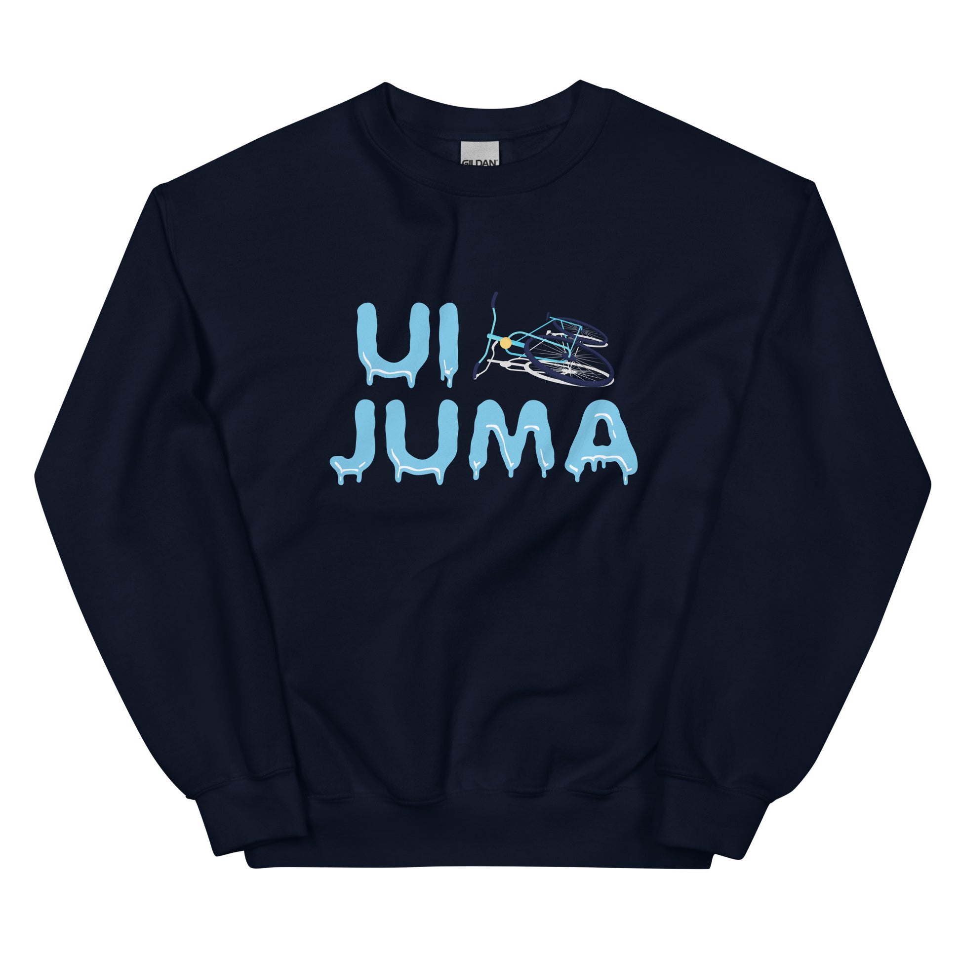 Meemirotta ui juma collegepaita tummansinisellä taustalla ja jäätymisen teeman grafiikalla