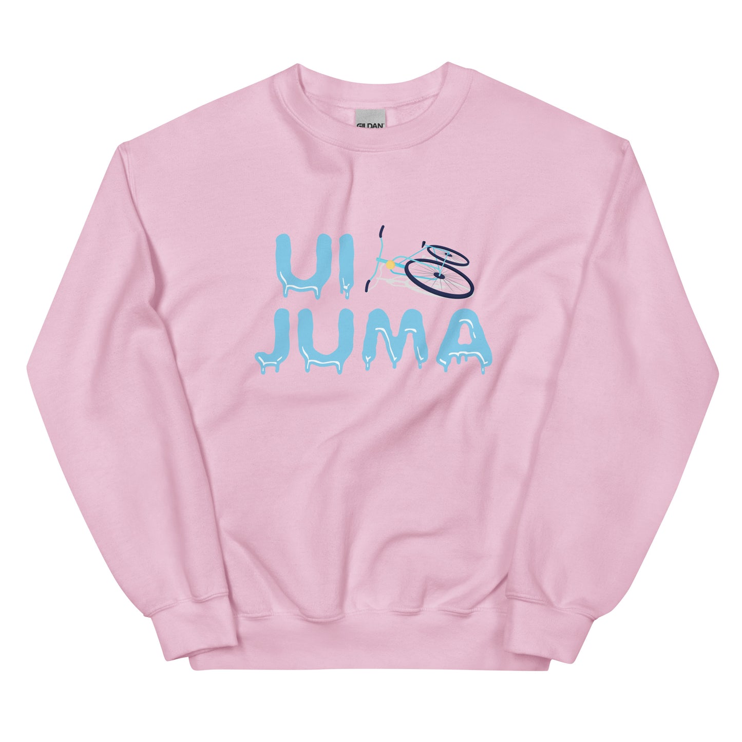 Vaaleanpunainen ui juma collegepaita, jossa värikäs graafinen printti edessä