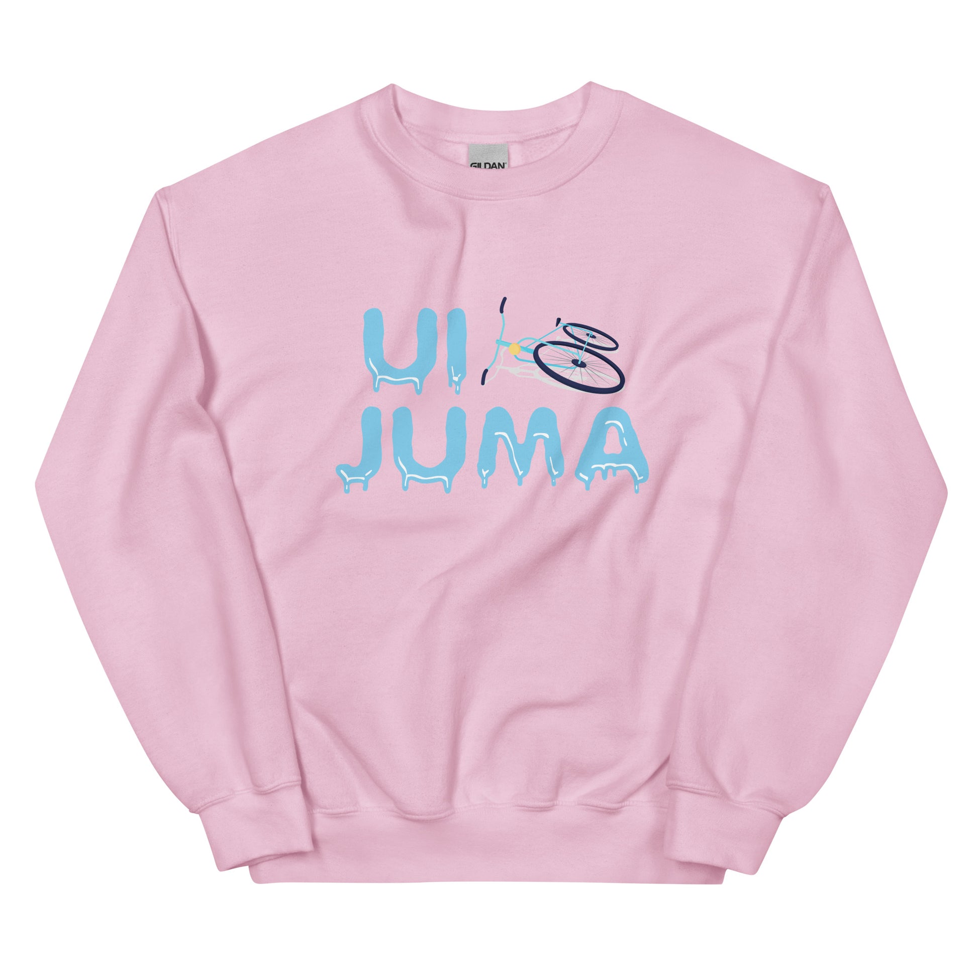 Vaaleanpunainen ui juma collegepaita, jossa värikäs graafinen printti edessä