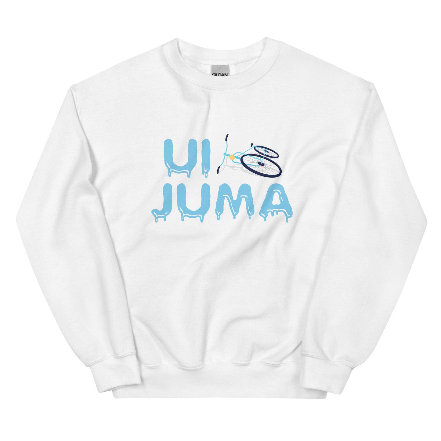 Valkoinen ui juma collegepaita, jossa on värikäs jäätynyt teksti edessä