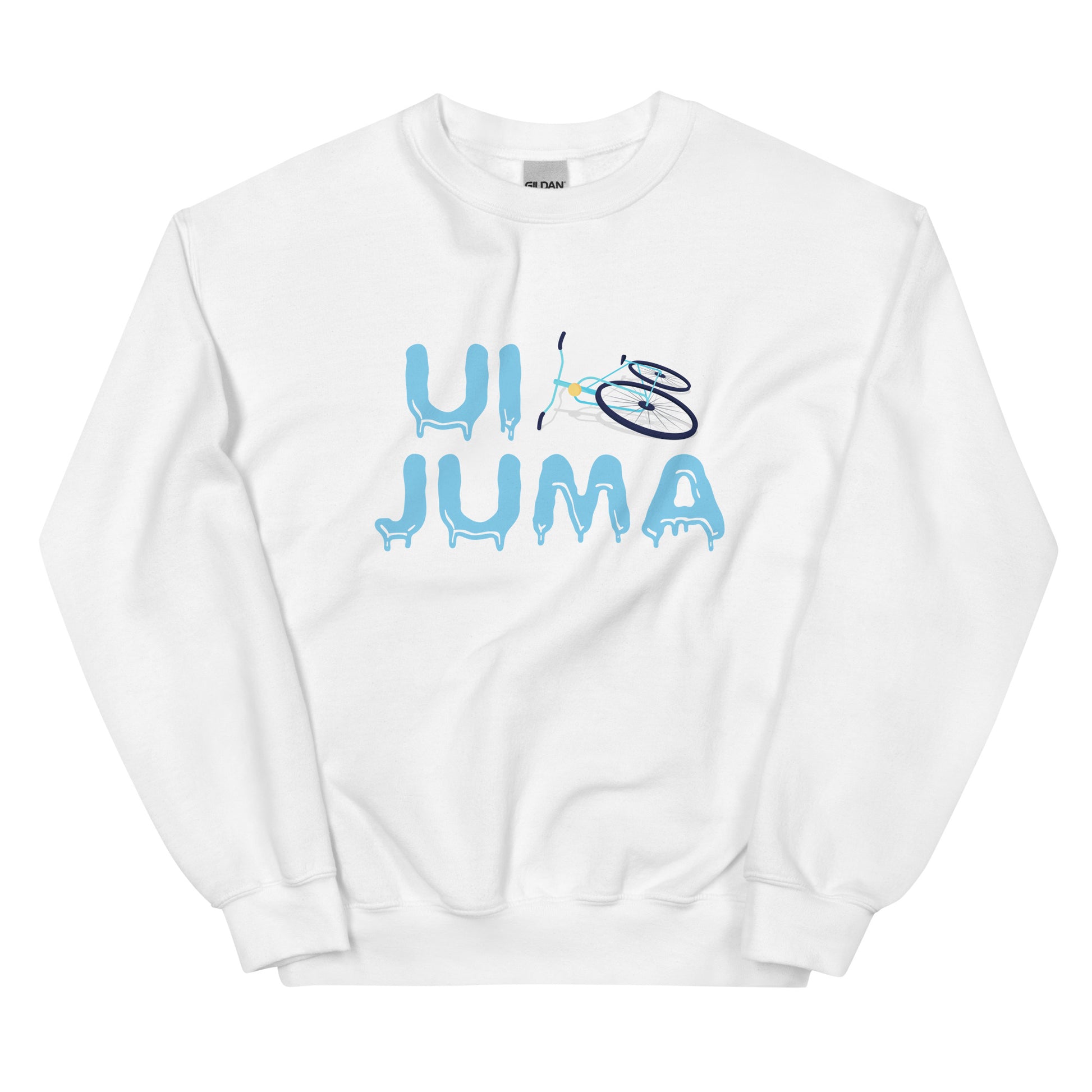 Valkoinen ui juma collegepaita, jossa on värikäs jäätynyt teksti edessä