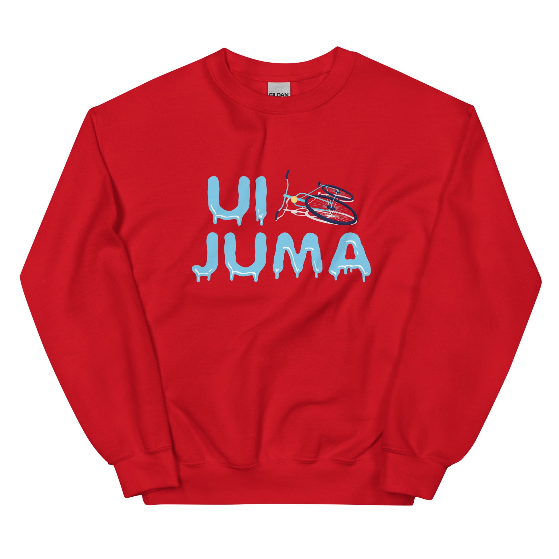 Punainen ui juma collegepaita värikkäällä printillä ja rennoilla istuvuuksilla