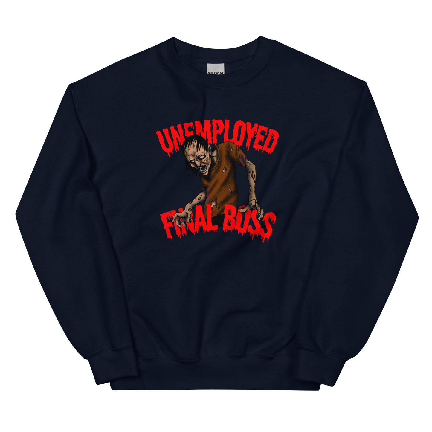 Meemirotta Unemployed Final Boss college paita mustana, rohkea grafiikka ja rento malli