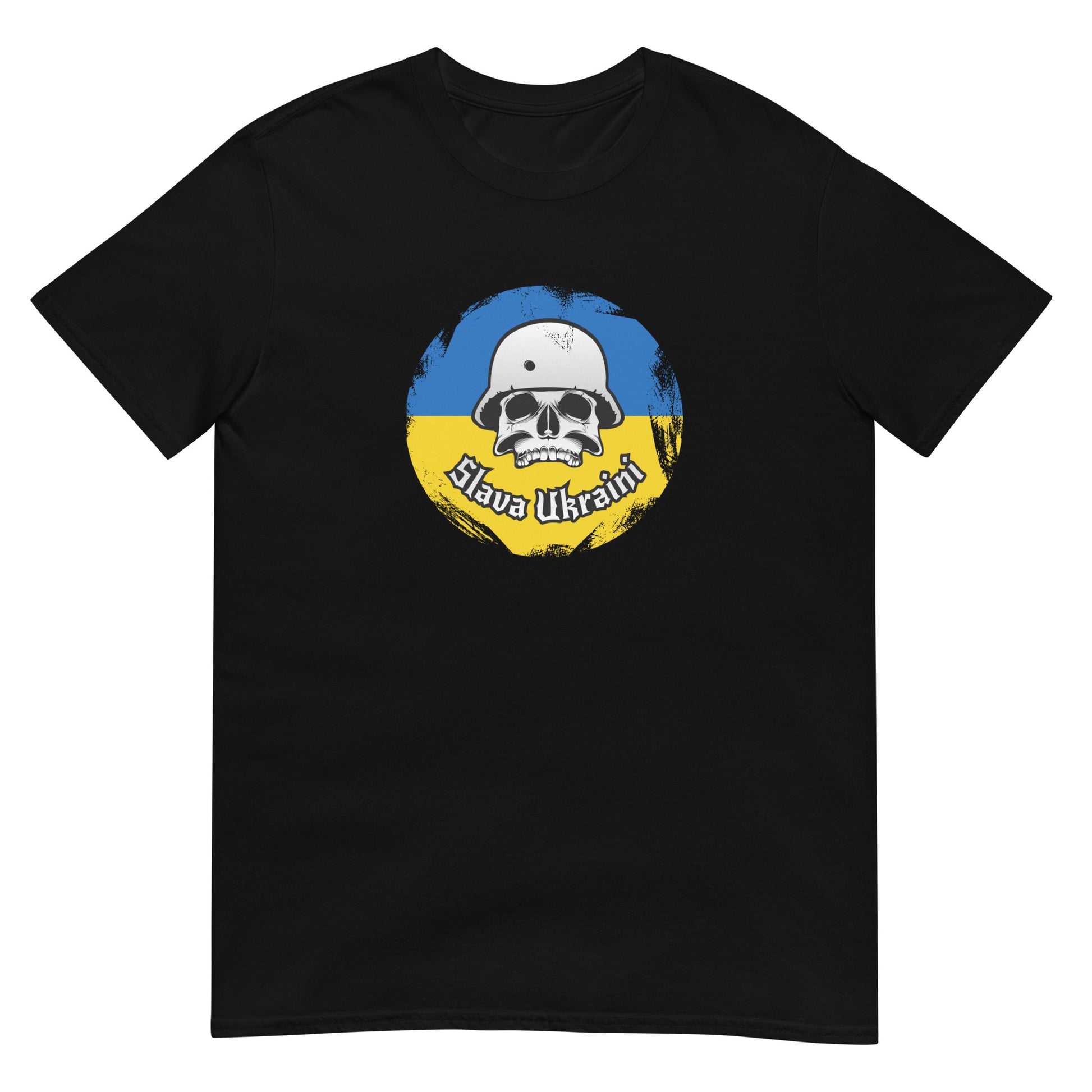 Meemirottan Slava Ukraini T-Paita on harmaa T-paita, jossa on kallo ja sotilaskypärä sinistä ja keltaista ympyrää vasten. Kallon alla on lihavoitu teksti "Slava Ukraini". Tämä hauska paita on ihanteellinen lahjaidea niille, jotka arvostavat ainutlaatuista ja merkityksellistä designia.