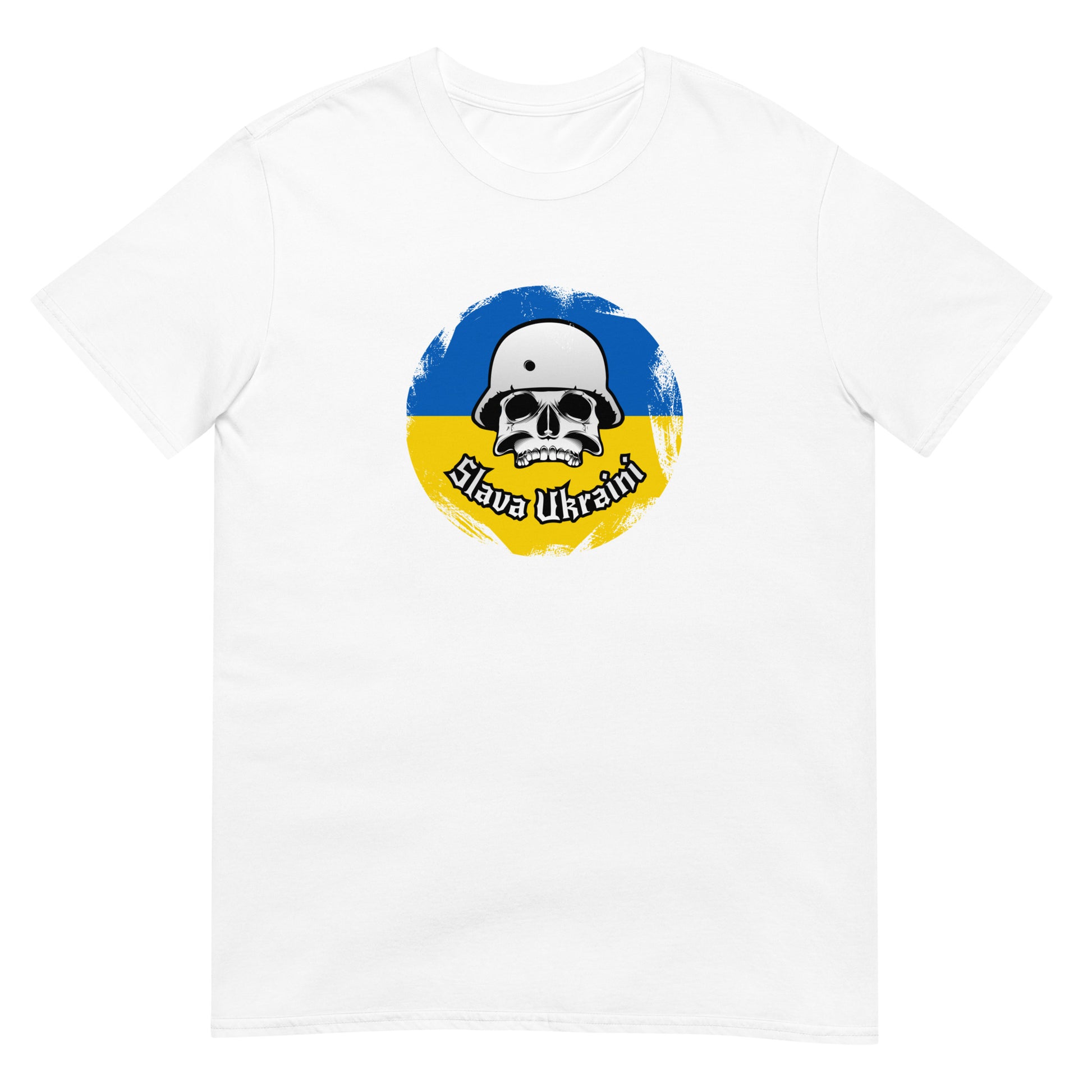 Meemirottan Slava Ukraini T-Paita on harmaa T-paita, jossa on kallo ja sotilaskypärä sinistä ja keltaista ympyrää vasten. Kallon alla on lihavoitu teksti "Slava Ukraini". Tämä hauska paita on ihanteellinen lahjaidea niille, jotka arvostavat ainutlaatuista ja merkityksellistä designia.