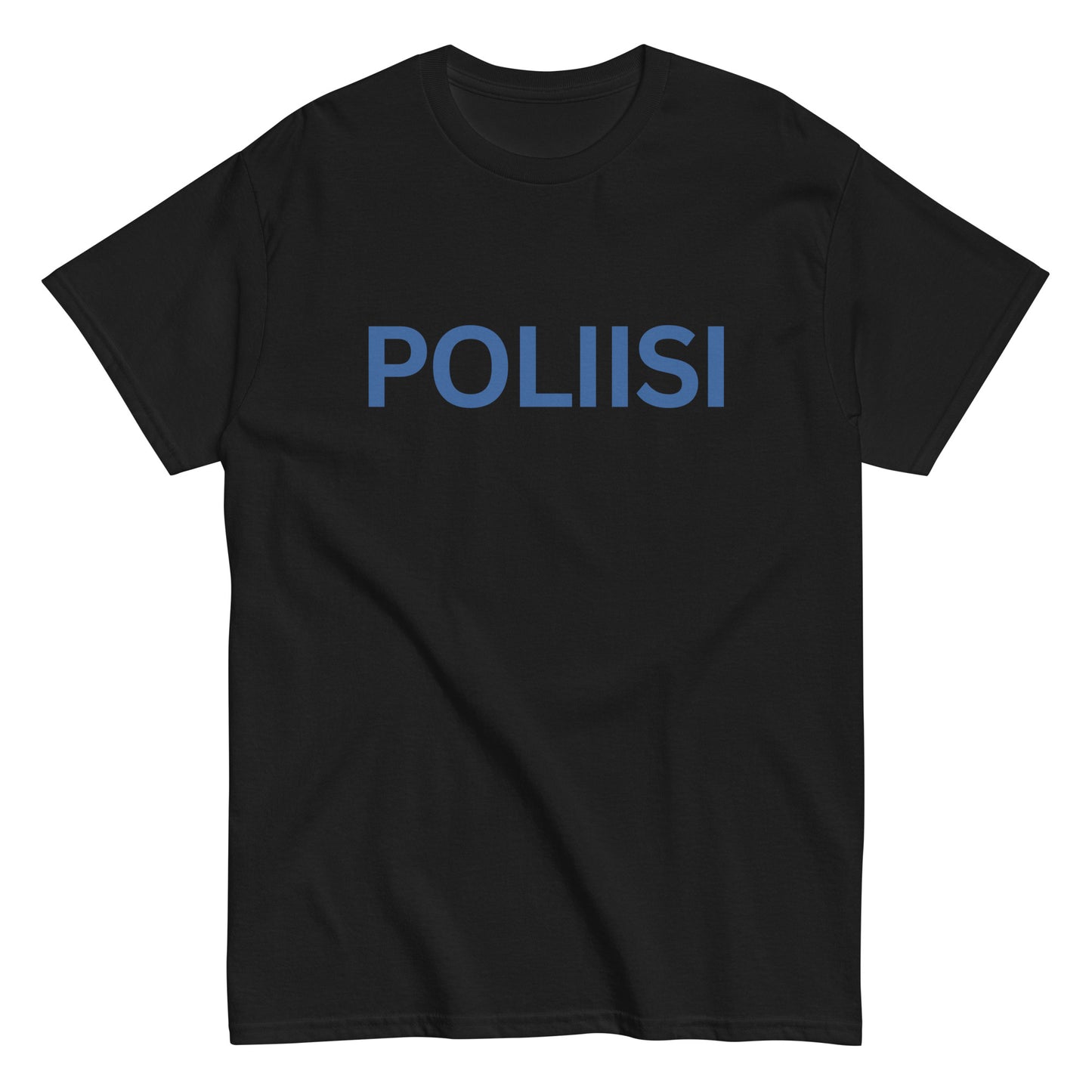 Meemirottan Poliisi T-Paita on musta T-paita, jossa on "POLIISI"-painatus lihavoituin sinisillä kirjaimilla rinnassa, ja se on ihanteellinen hauskat paidat -faneille.