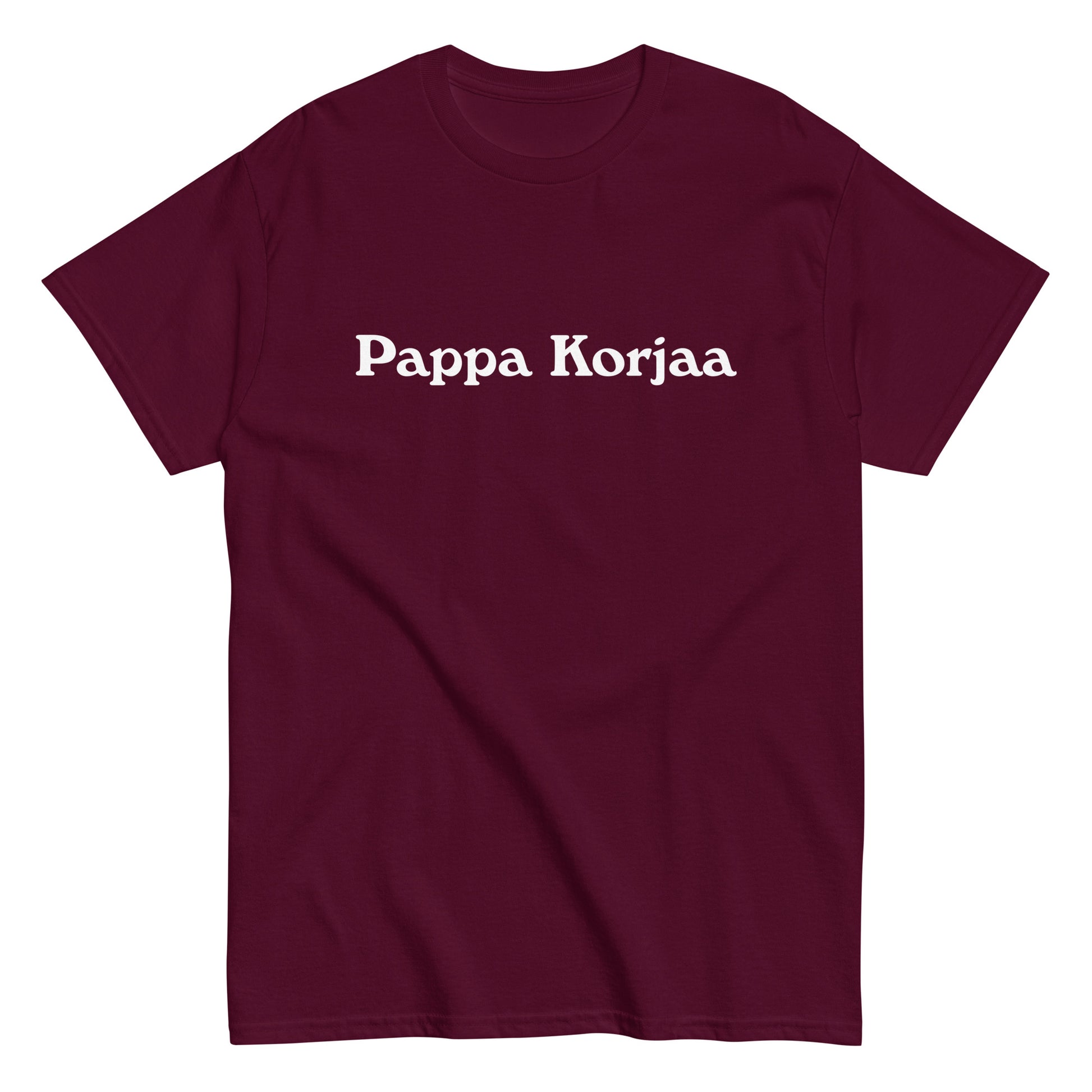 Meemirottan Pappa Korjaa T-Paita on sininen T-paita, jonka etupuolella on näkyvästi valkoinen teksti "Pappa Korjaa", joka on ihanteellinen hauskoja paitoja arvostaville.