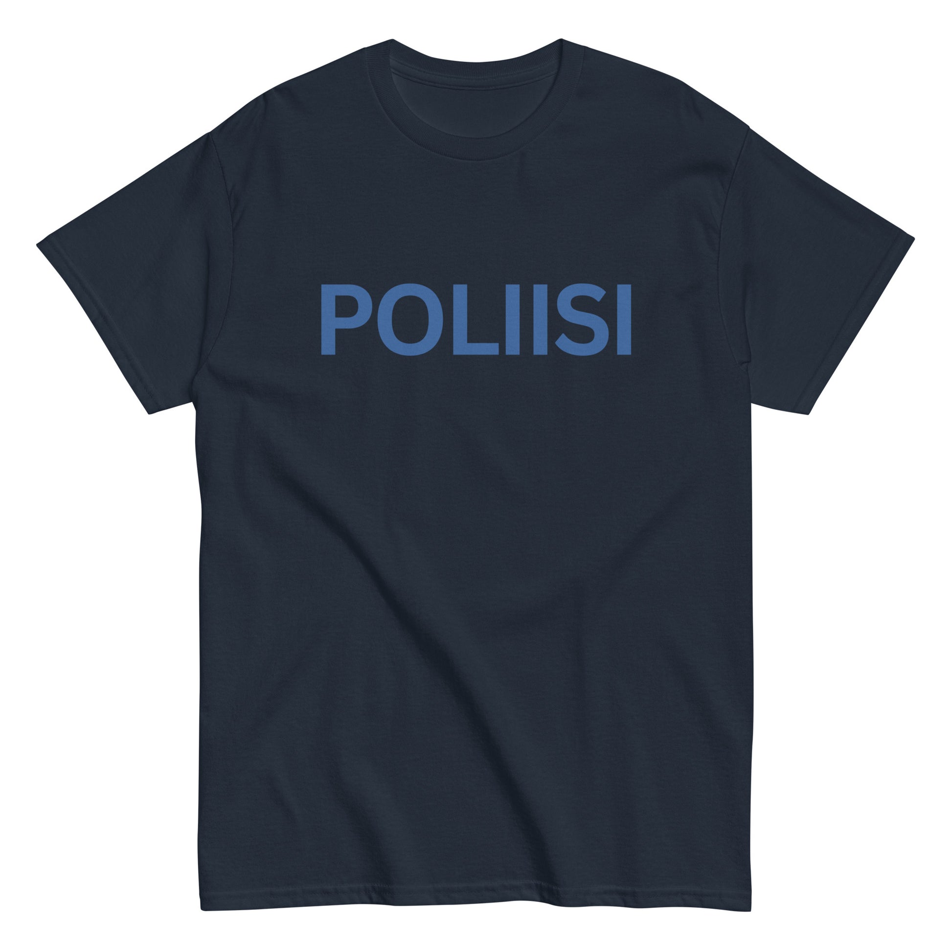 Meemirottan Poliisi T-Paita on musta T-paita, jossa on "POLIISI"-painatus lihavoituin sinisillä kirjaimilla rinnassa, ja se on ihanteellinen hauskat paidat -faneille.