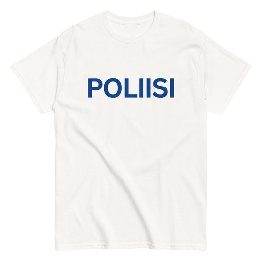 Meemirottan Poliisi T-Paita on musta T-paita, jossa on "POLIISI"-painatus lihavoituin sinisillä kirjaimilla rinnassa, ja se on ihanteellinen hauskat paidat -faneille.