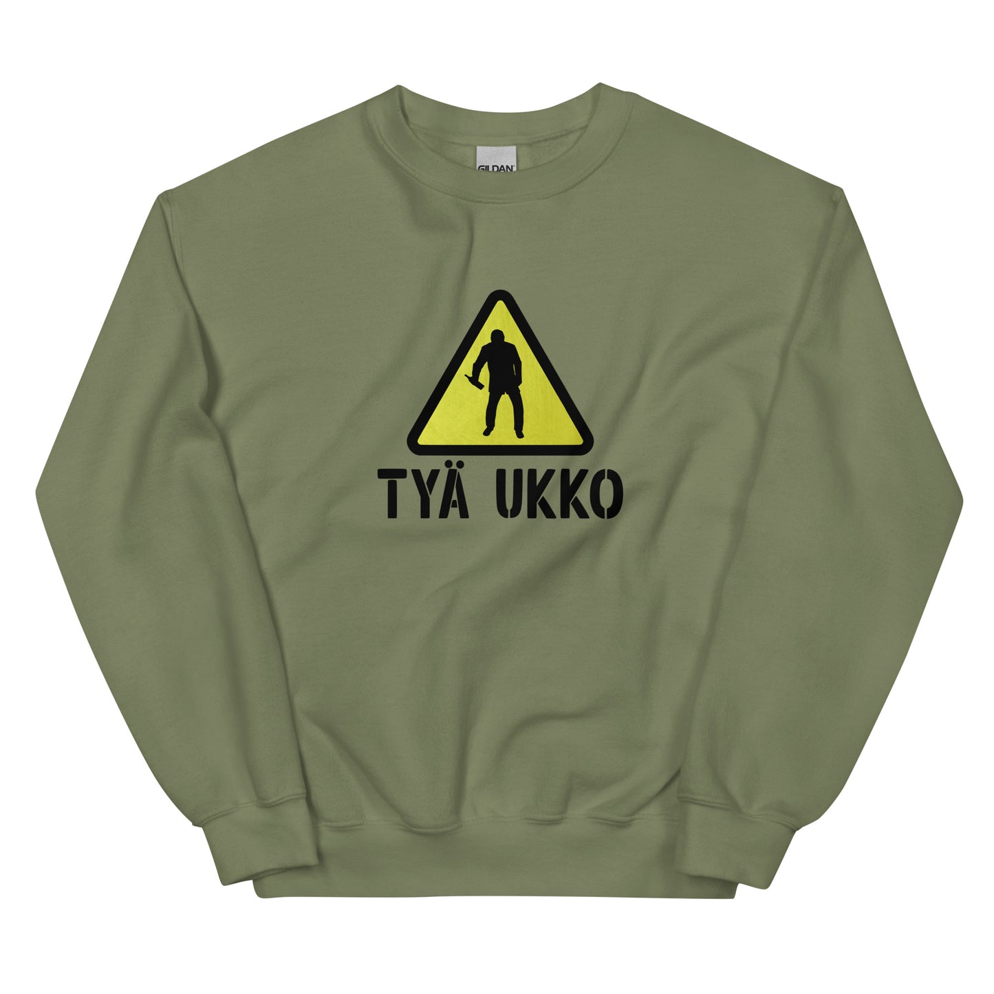 Tyä ukko collegepaita oliivinvihreänä, jossa varoitusmerkki ja hahmo.