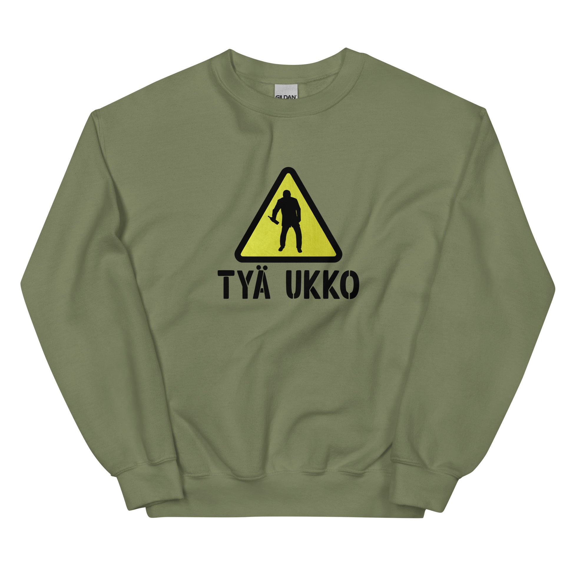 Tyä ukko collegepaita oliivinvihreänä, jossa varoitusmerkki ja hahmo.
