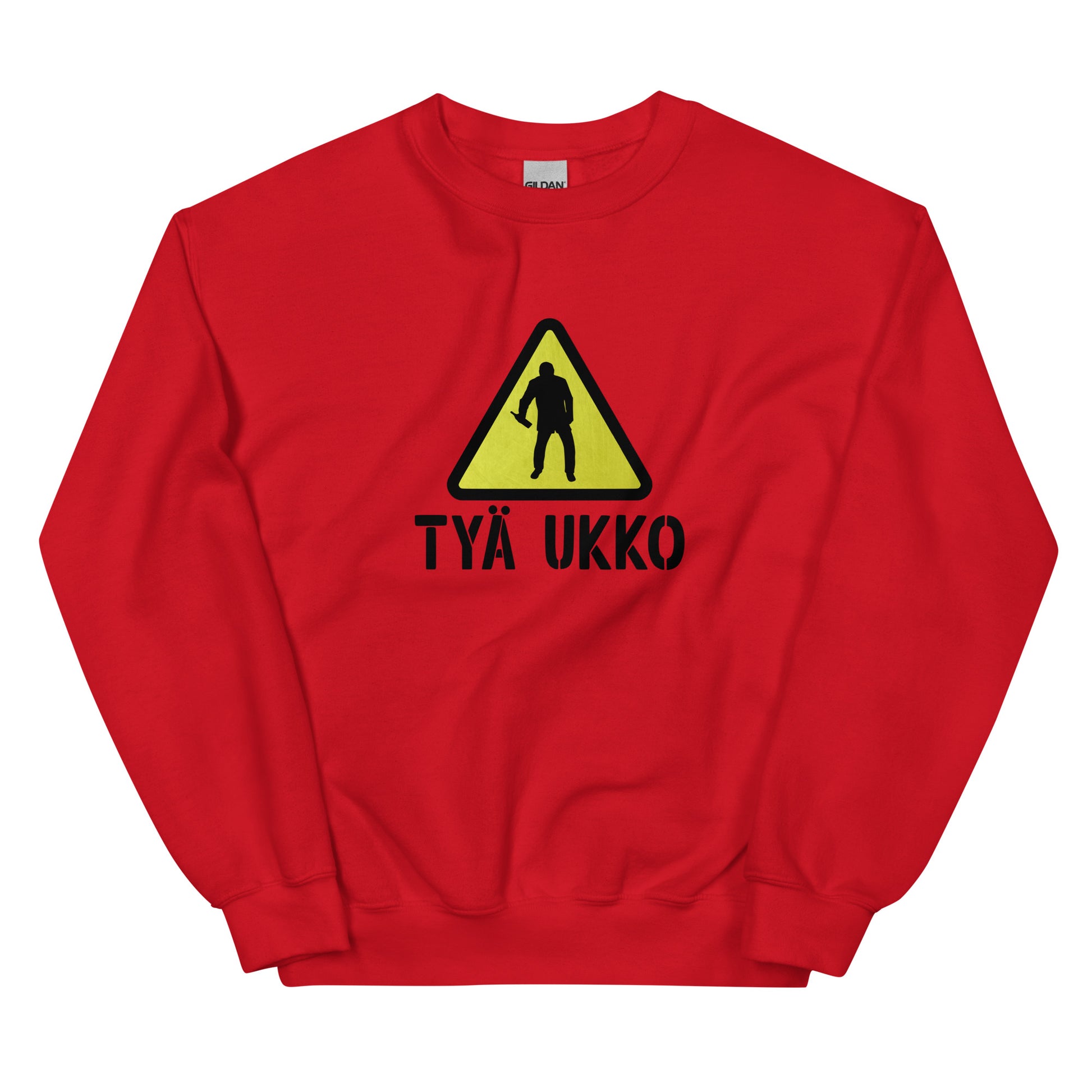 Tyä ukko collegepaita punaisena varoitusmerkillä ja hahmolla, mukava ja tyylikäs.