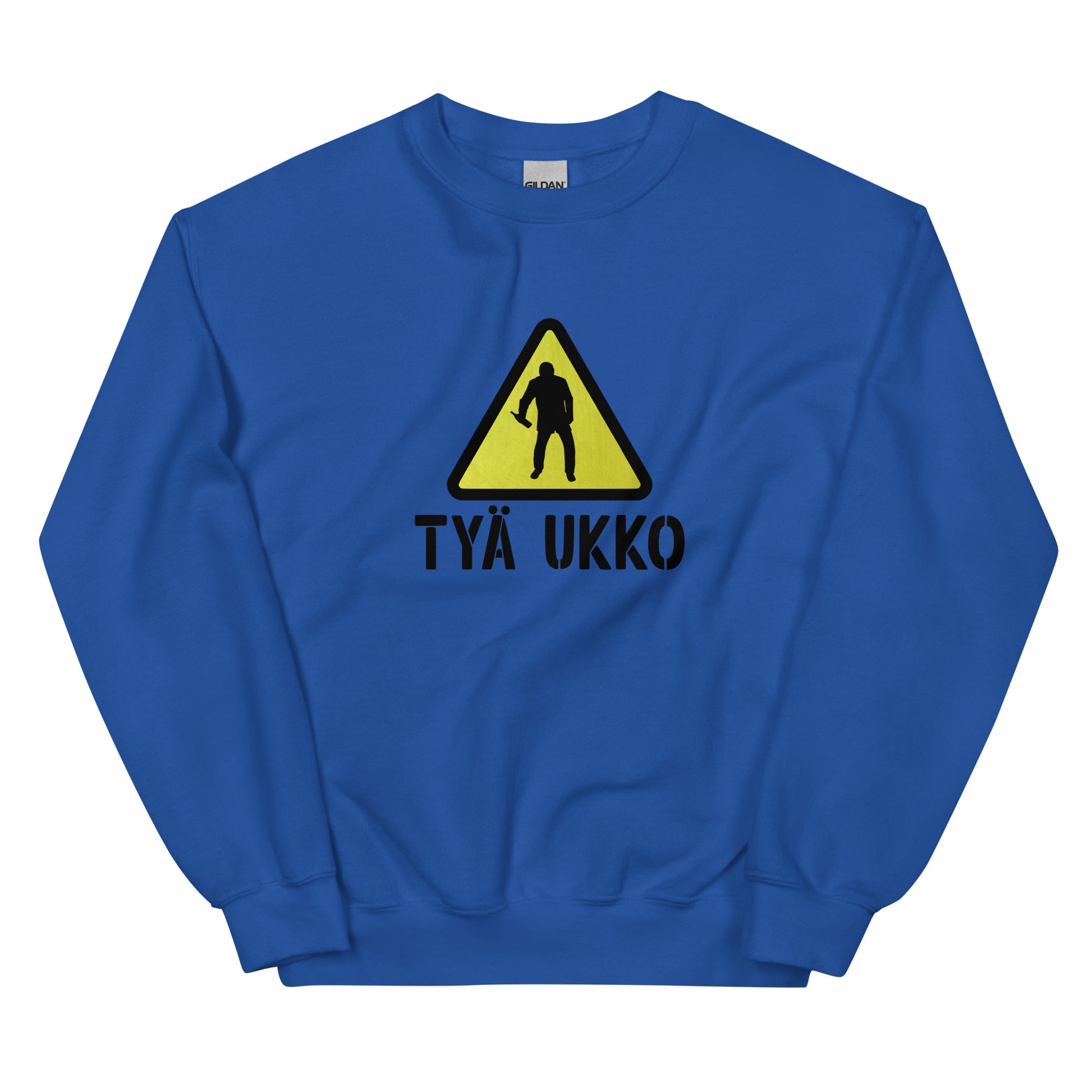Sininen tyä ukko collegepaita huomiovärillä ja varoitusmerkillä edessä