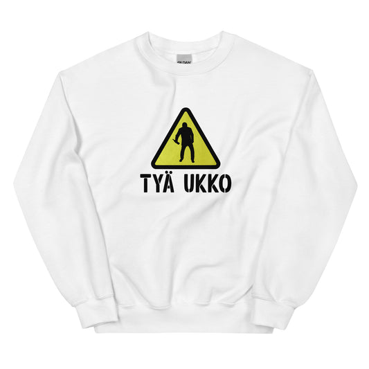 Valkoinen tyä ukko collegepaita varoituskilvellä ja graafisella printillä edessä