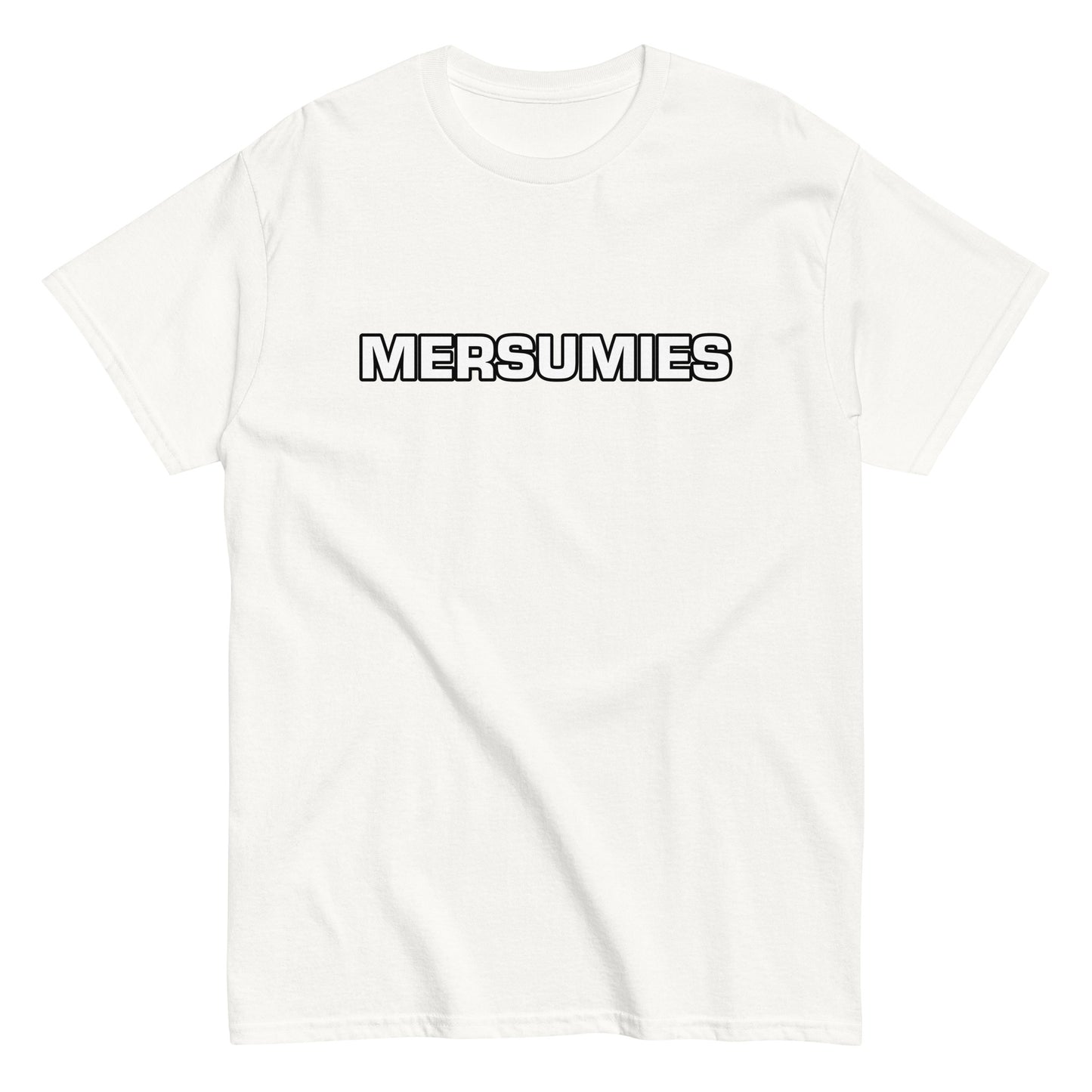 Meemirotta unisex t-paita valkoisena, jossa musta teksti MERSUMIES
