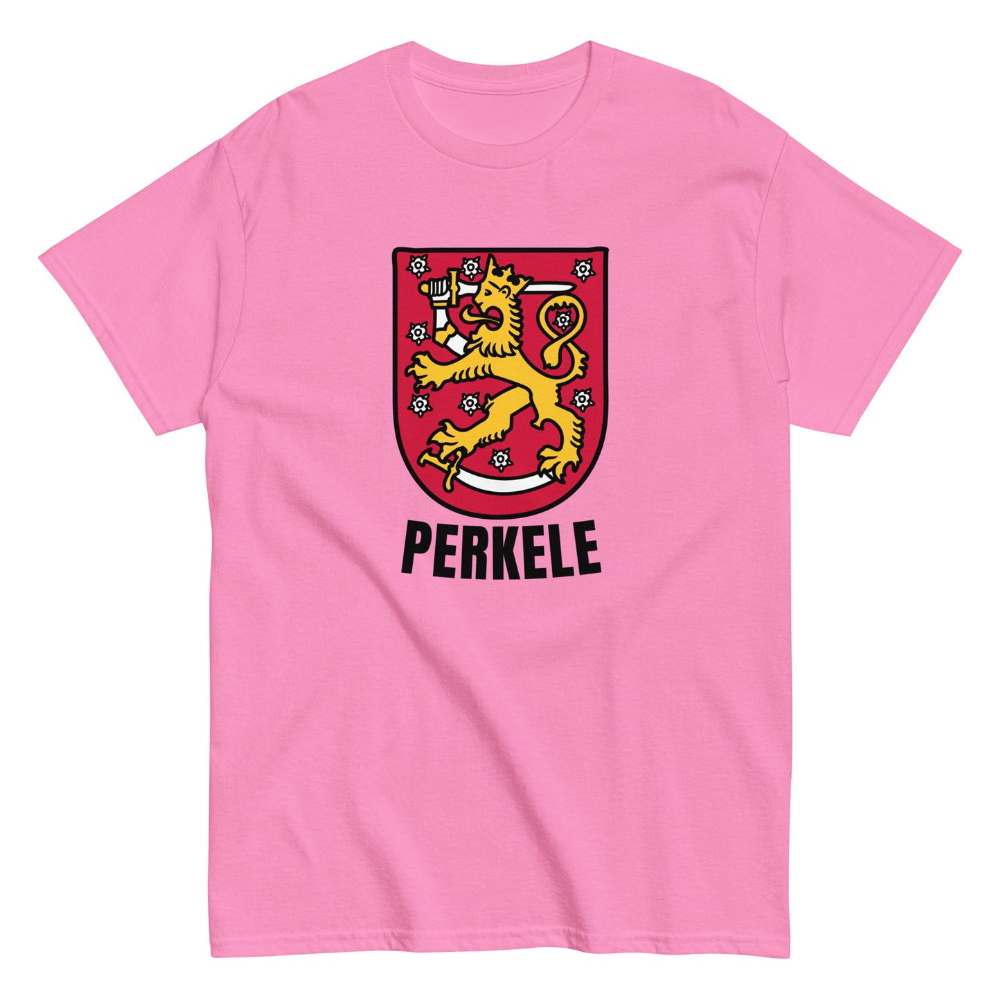 Vaaleanpunainen unisex t-paita, jossa on Perkele logo ja leijonakuva.