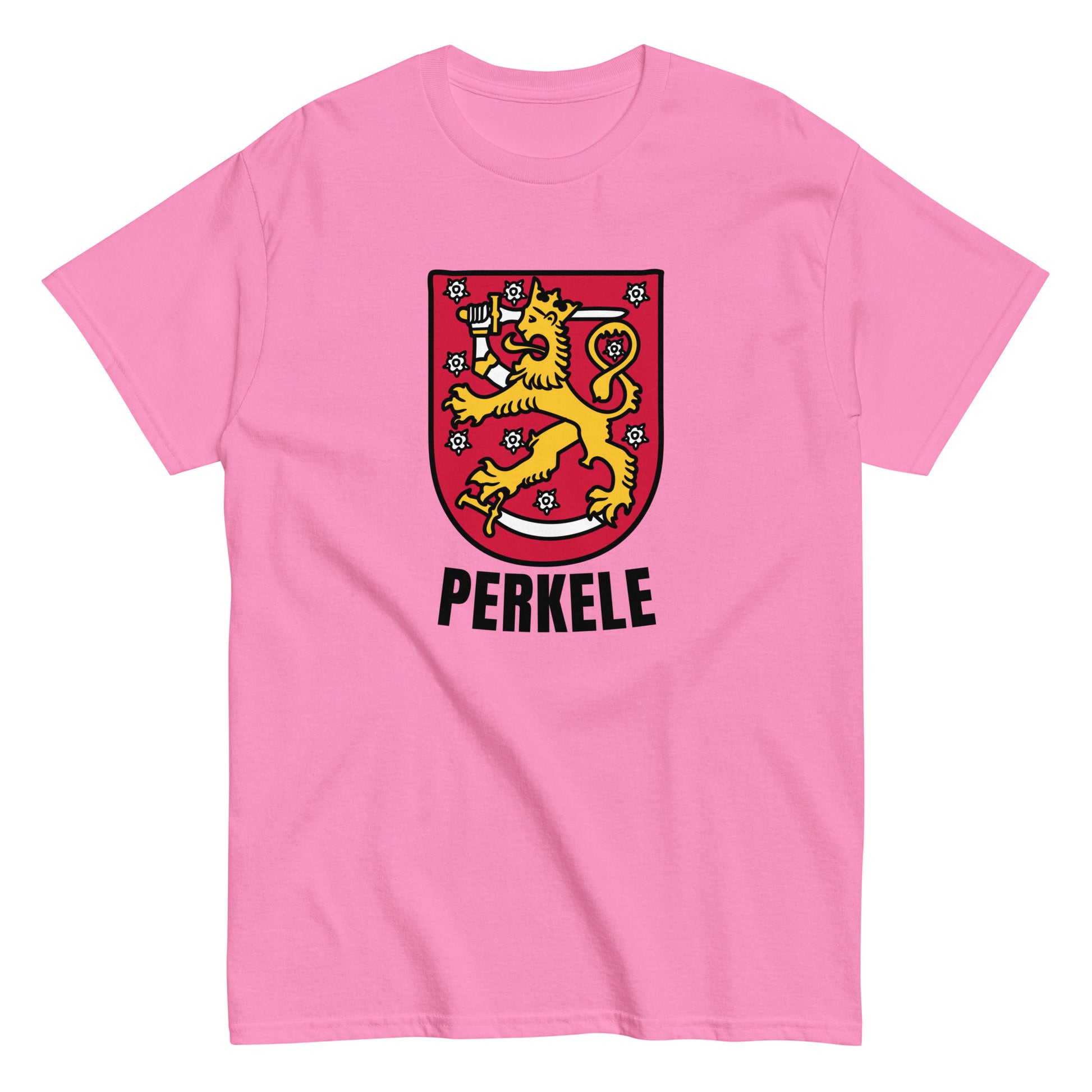 Vaaleanpunainen unisex t-paita, jossa on Perkele logo ja leijonakuva.
