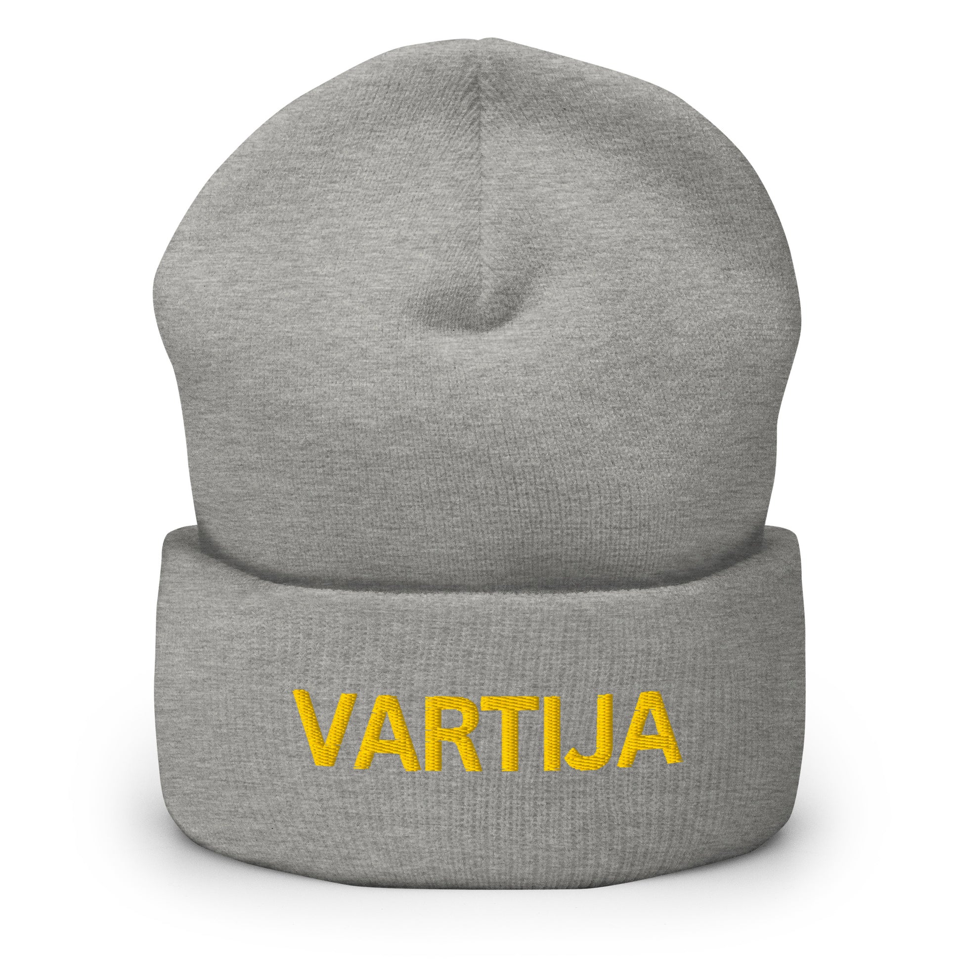 Harmaa vartija pipo, jossa on keltainen VARTIJA-teksti edessä
