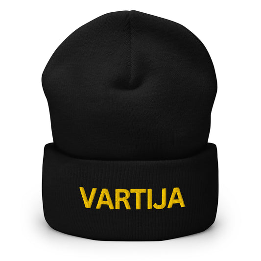 Mustaa vartija pipoa keltaisilla kirjainpainatuksilla Meemirotta-merkillä