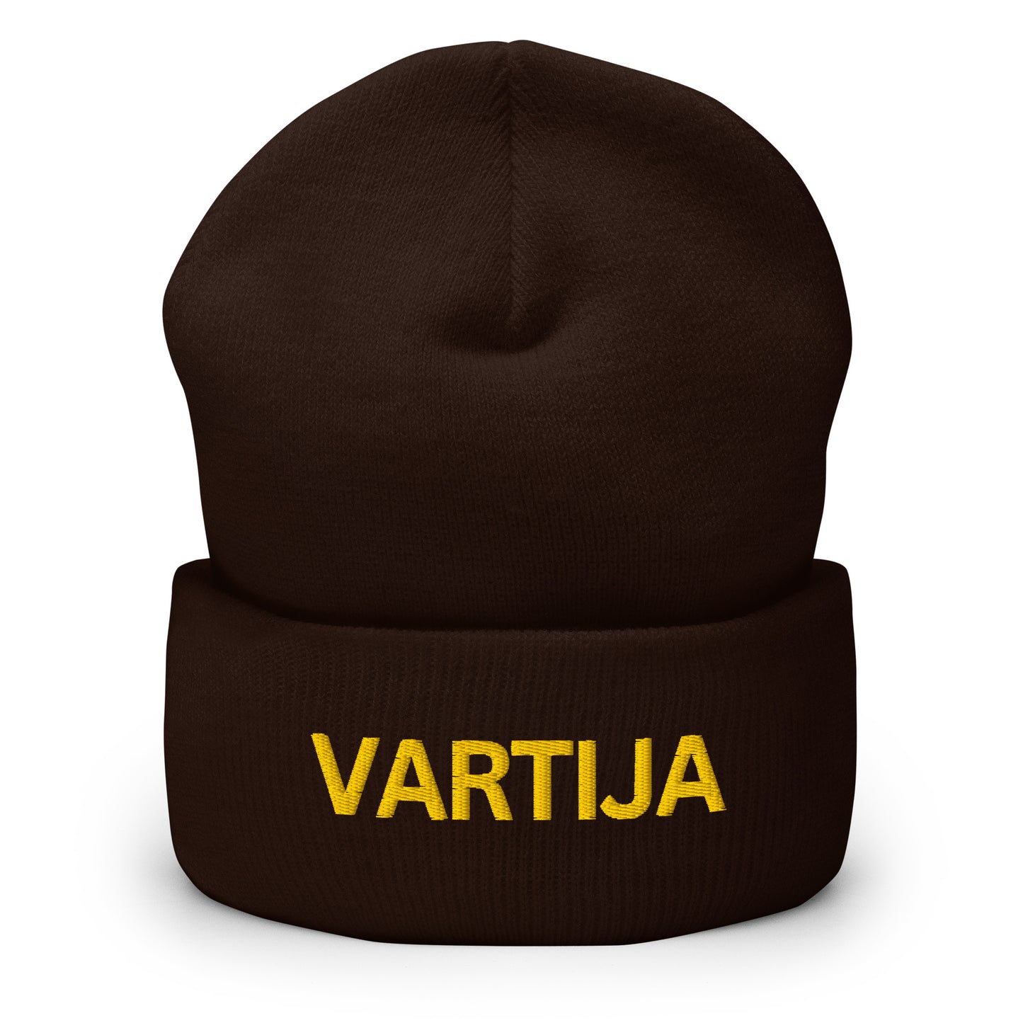 Meemirotta vartija pipo tummanruskeana keltareunuksella ja VARTIJA-tekstillä edessä
