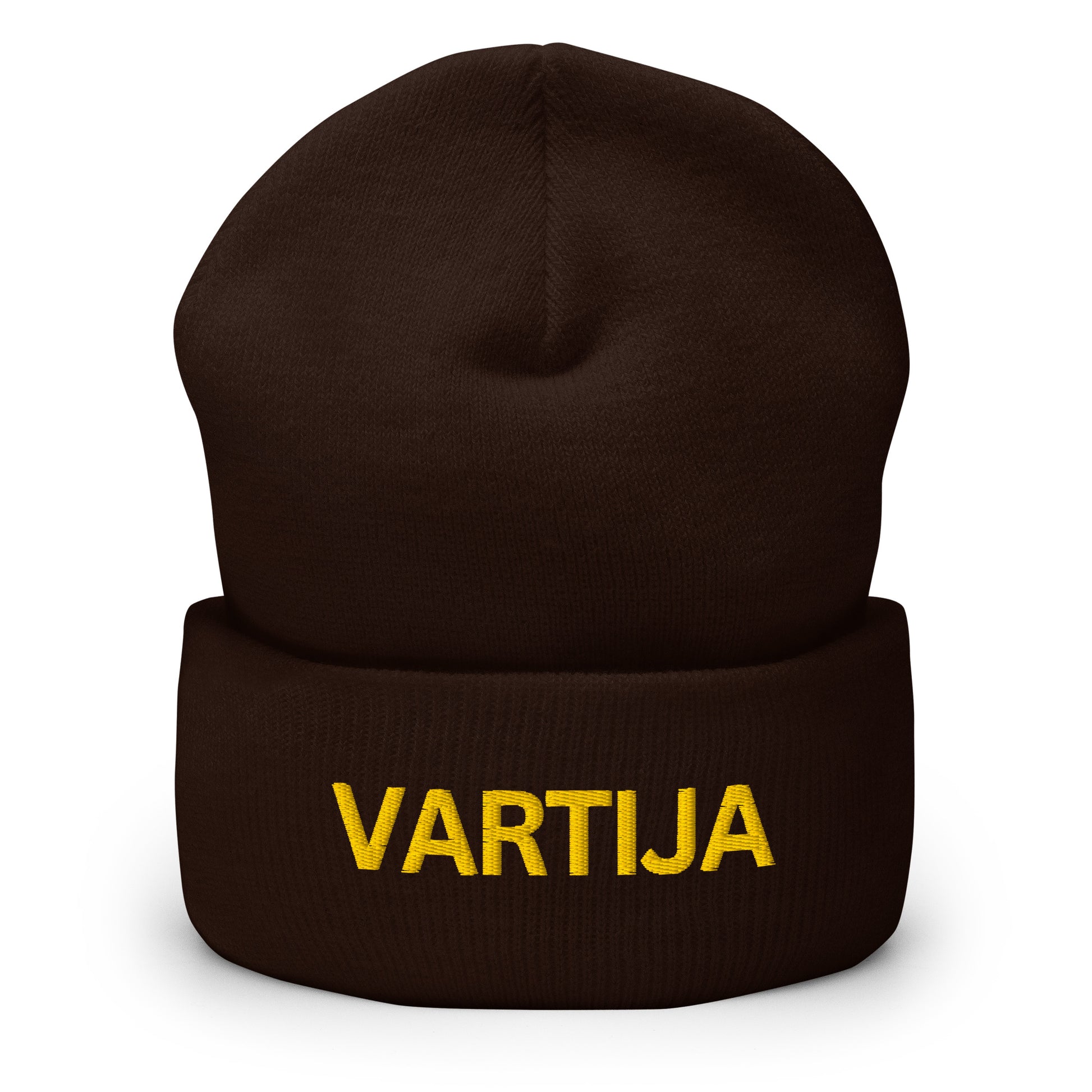 Meemirotta vartija pipo tummanruskeana keltareunuksella ja VARTIJA-tekstillä edessä