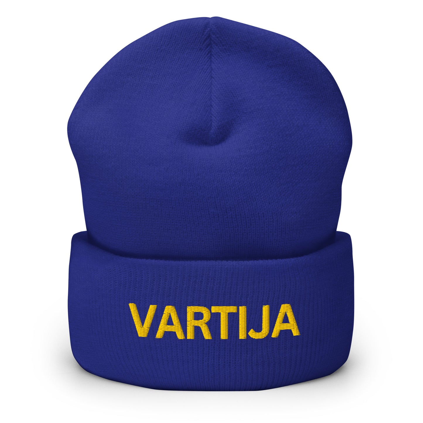 Sininen vartija pipo, jossa keltainen 'VARTIJA' brodeeraus mukavalle käytölle