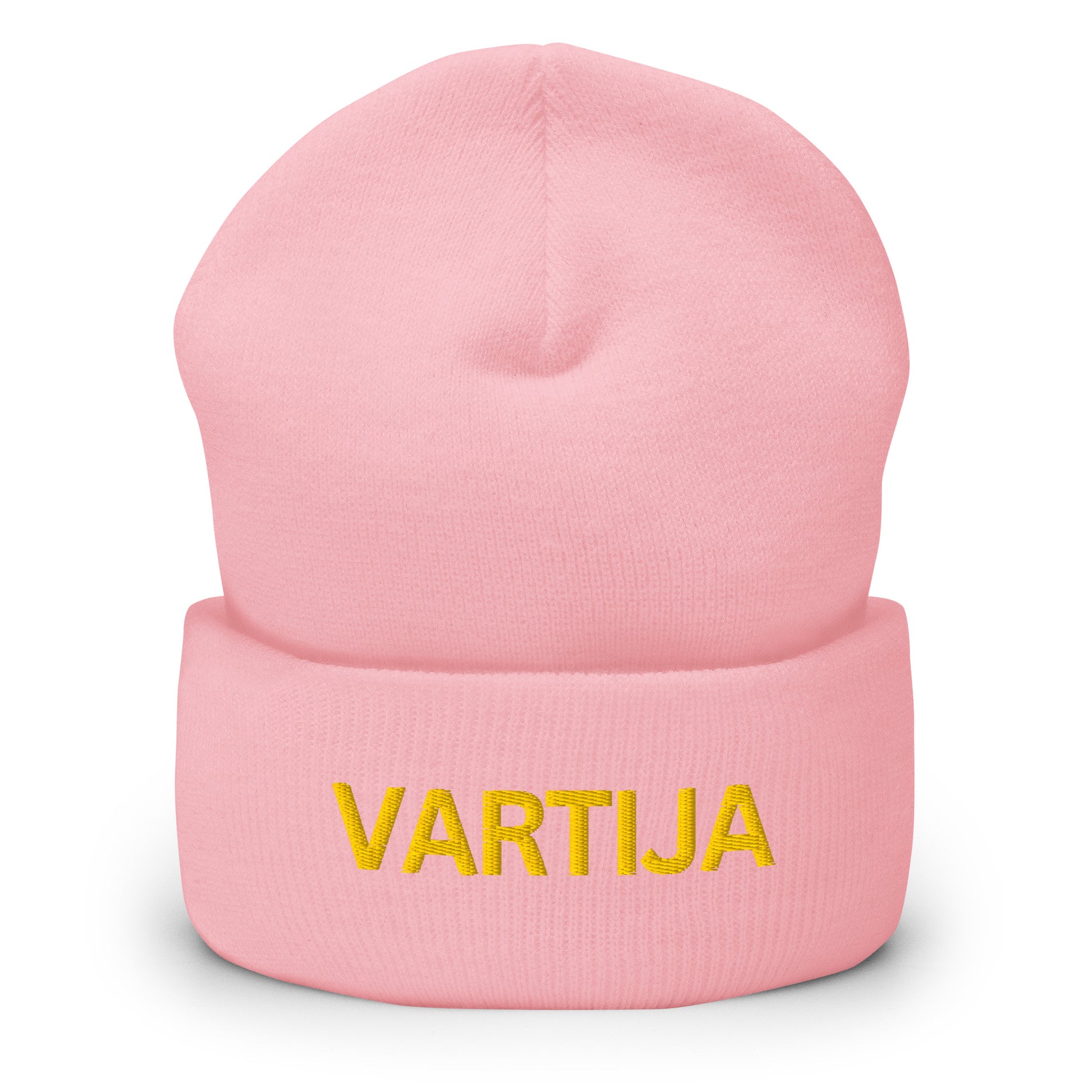 Vaaleanpunainen vartija pipo keltaisella brodeeratulla tekstillä VARTIJA