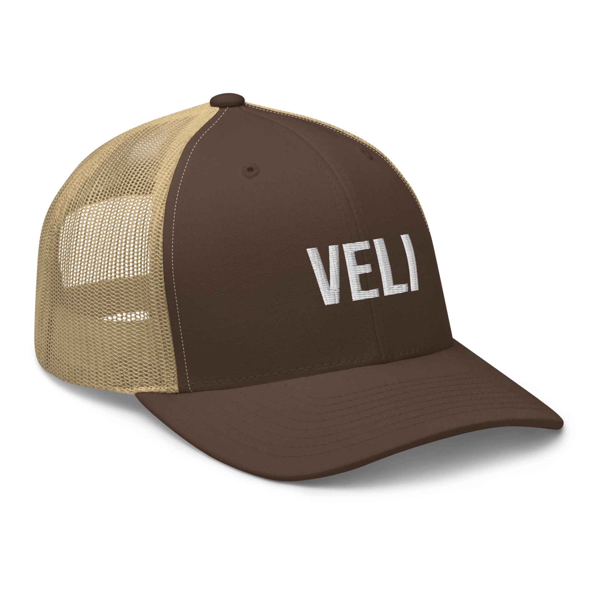 Meemirotta VELI lippis ruskealla etuosalla ja vaalealla verkkokangaspäällisellä