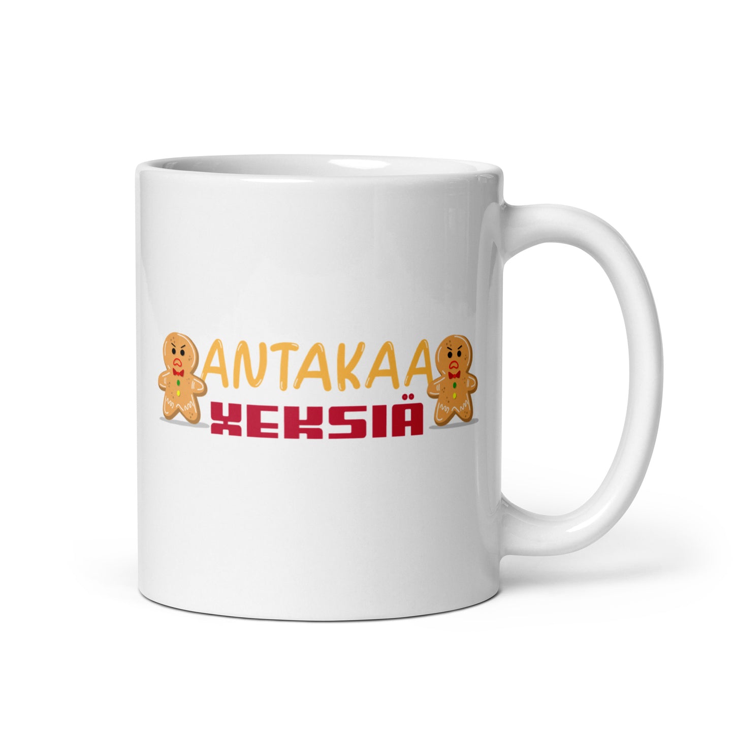 Meemirottan Antakaa Xeksiä Muki on valkoinen muki, jossa on teksti "ANTAKAA KEKSIÄ" kirkkaalla keltaisella ja punaisella tekstillä, korostettuna kahdella leikkisällä piparkakkumiehen emojilla. Tämä muotoilu täydentää hauskat payat -mallistoamme luodakseen pirteän ulkonäön.