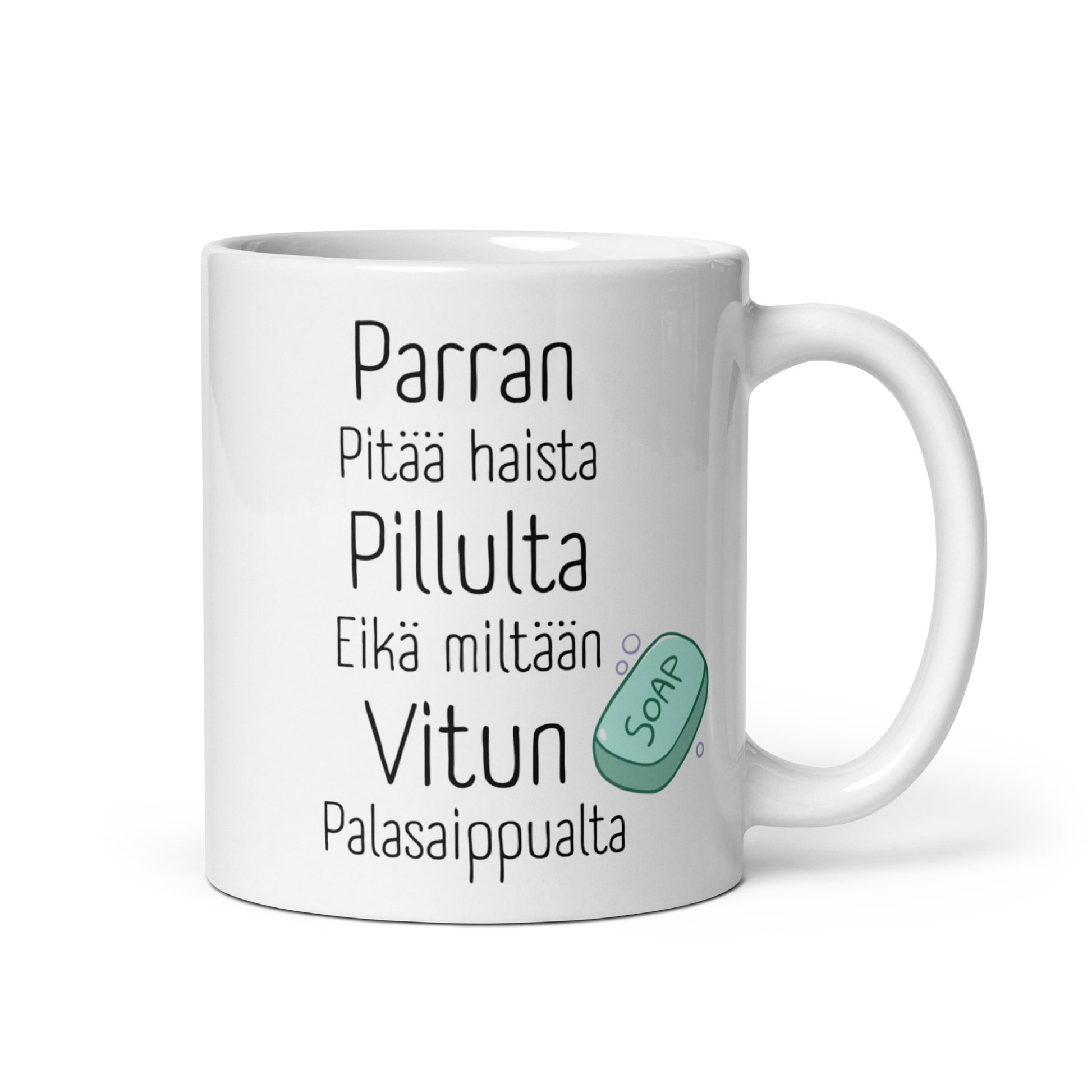 Meemirottan Parran Pitää Haista Muki on valkoinen, mustalla suomenkielisellä tekstillä varustettu muki, jonka oikealla puolella on eloisa kuva saippuapalasta, joten se on ihanteellinen lahjaidea hauskoja vaatteita arvostaville.