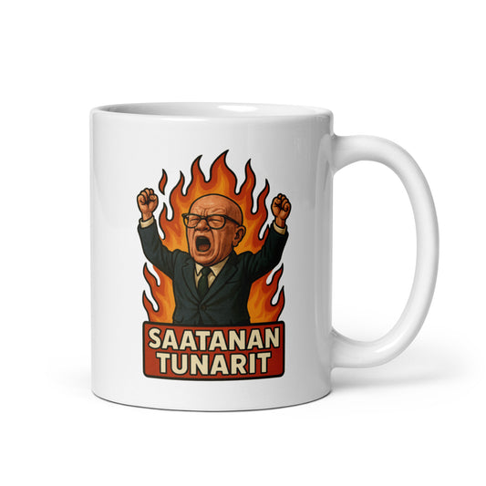 Meemirotta saatanan tunarit muki, jossa iloisen hahmon kuva liekeissä