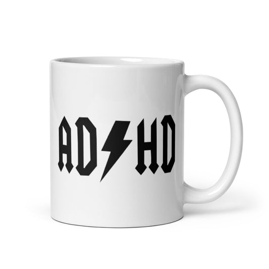 Meemirotta ADHD-muki mustalla tekstillä ja salama-kuvalla piristävään juomiseen
