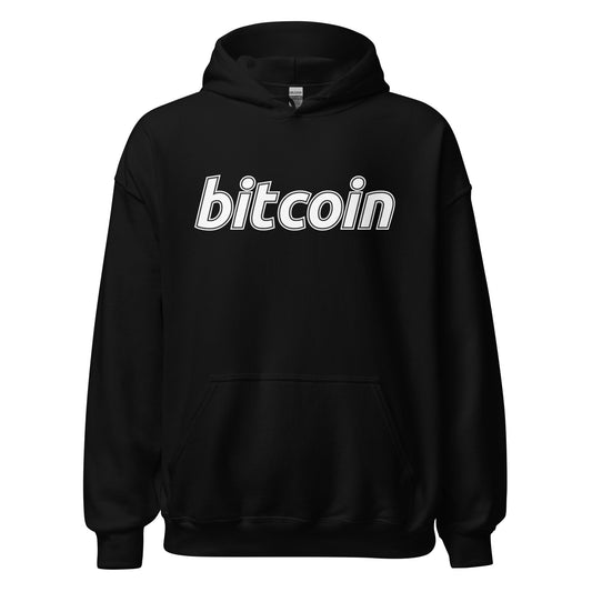 Mustai bitcoin huppari, jossa suuri logo edessä ja kätkö tasku alhaalla