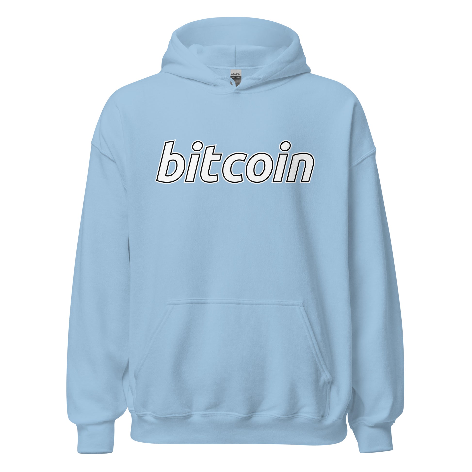 Vaaleansininen bitcoin huppari, jossa suuri bitcoin-teksti edessä ja kätkö tasku.