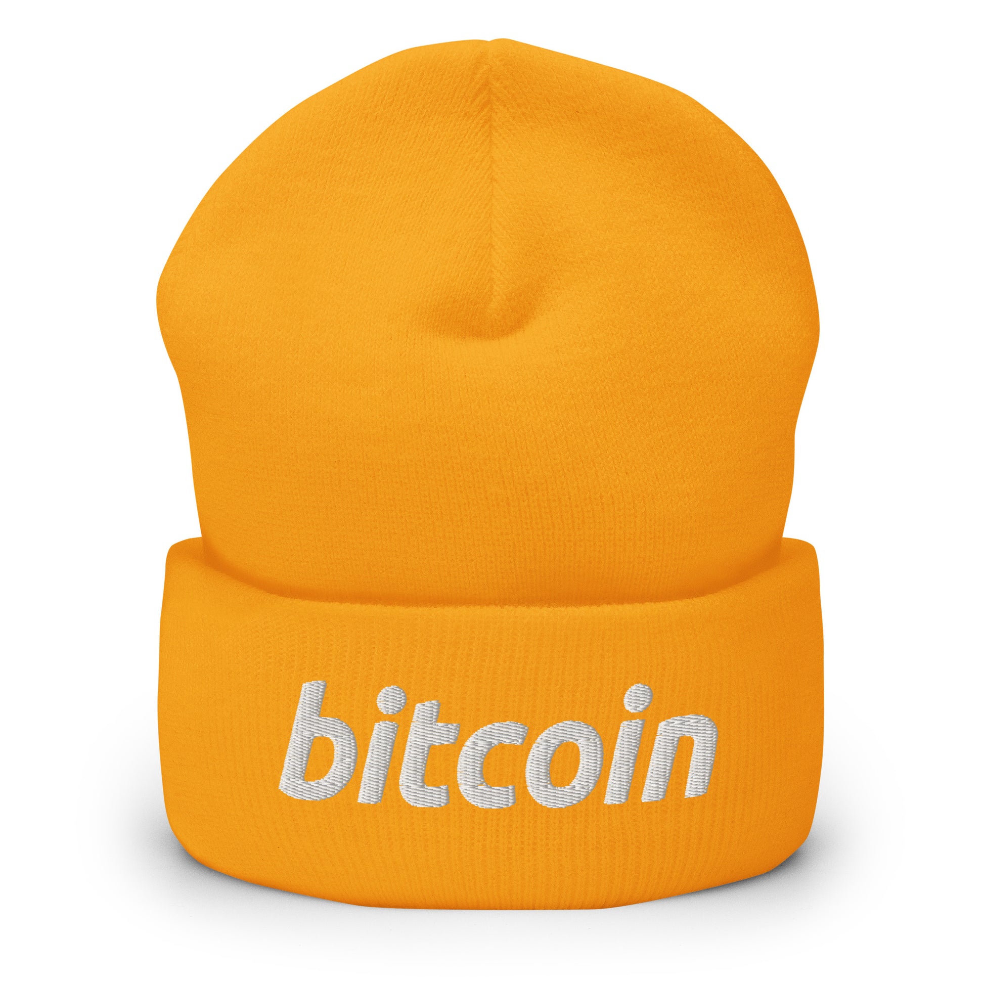 Keltainen bitcoin pipo valkoisella tekstillä, tyylikäs ja mukava käyttää talvella
