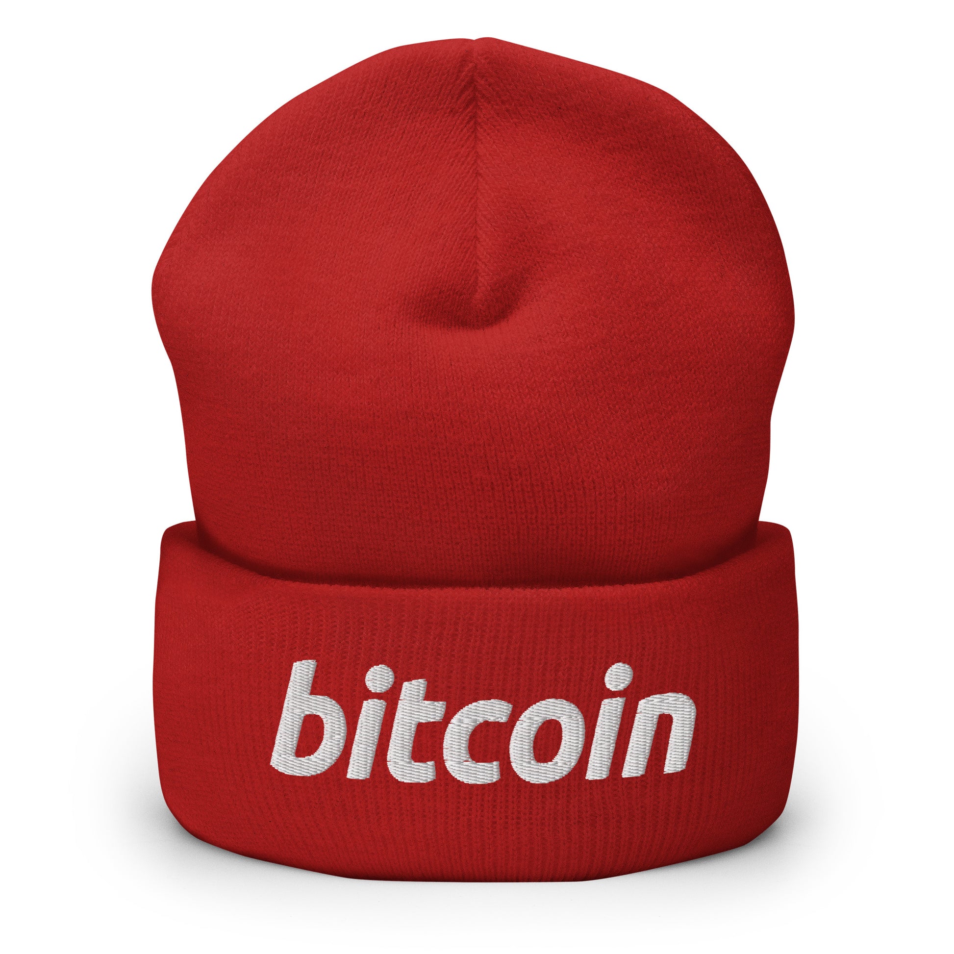 Punainen bitcoin pipo valkoisella tekstillä, tyylikäs ja mukava talveen.