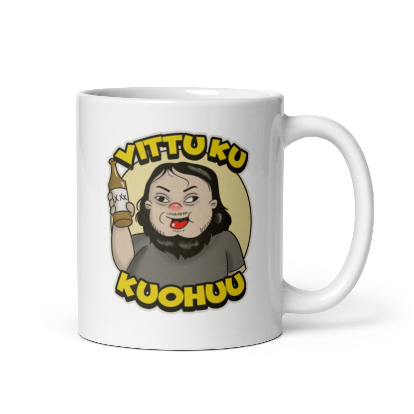 Hauska muki lahjaksi, jossa on humoristinen kuva ja teksti 'Vittu ku kuohuu'.