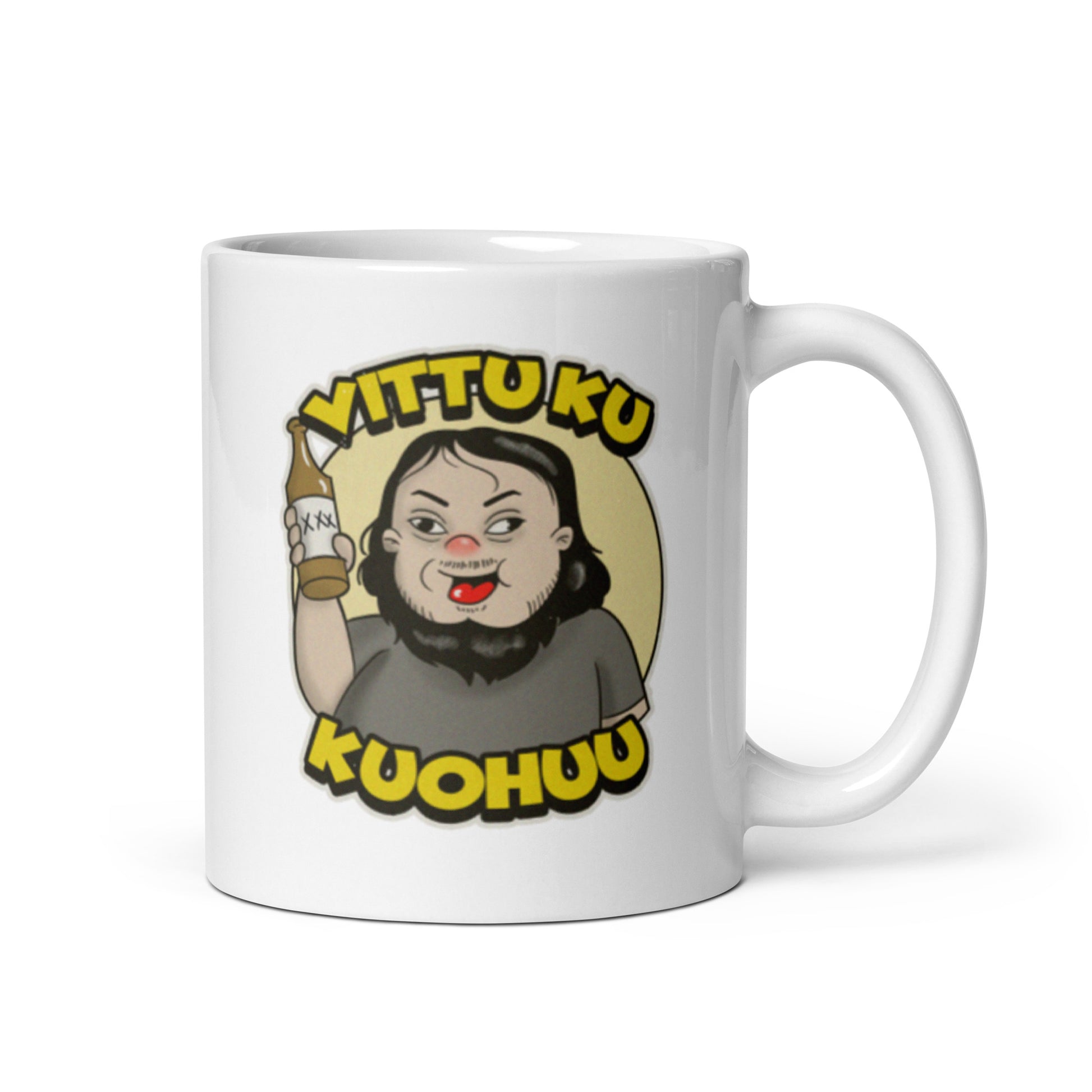 Hauska muki lahjaksi, jossa on humoristinen kuva ja teksti 'Vittu ku kuohuu'.