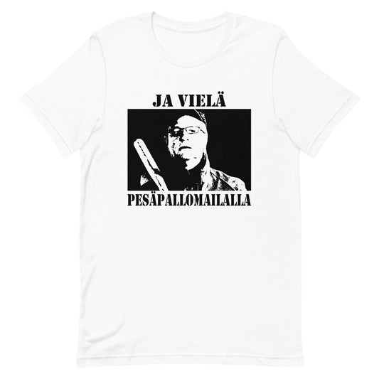 Valkoinen Meemirotta pesäpallomailalla t-paita, jossa musta graafinen kuva ja teksti