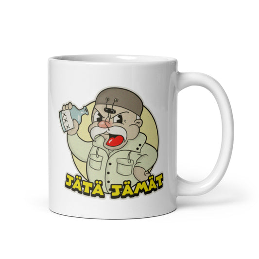Meemirotta jätä jämät muki humoristisella piirroksella ja eloisilla väreillä