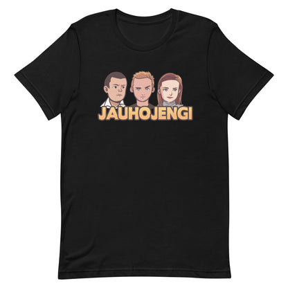 Mustat jauhojengi t-paita, jossa on kolme hahmoa ja tyylikäs design.