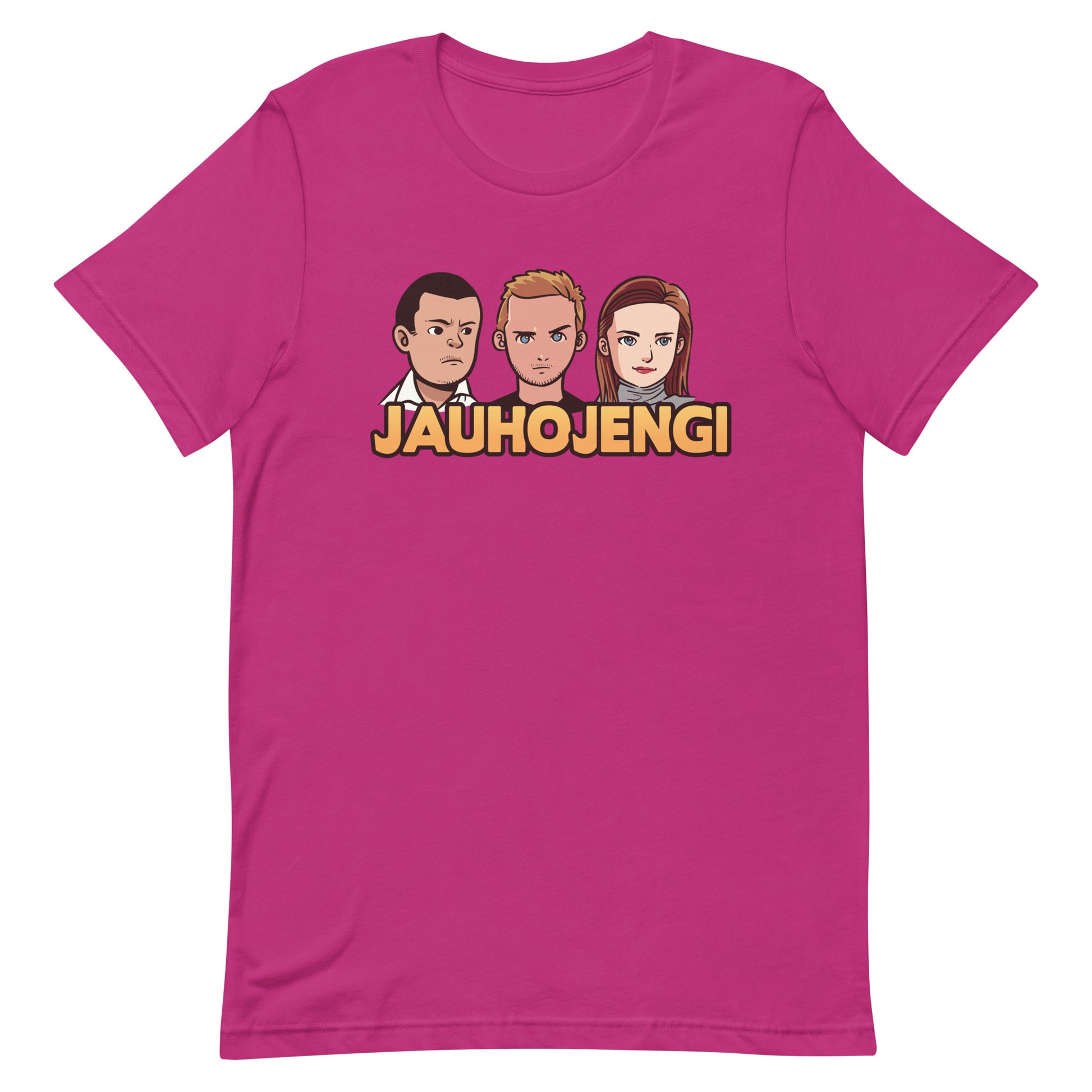 Ruusunpunainen jauhojengi t-paita, jossa animaatiokuvia hahmoista ja logo.