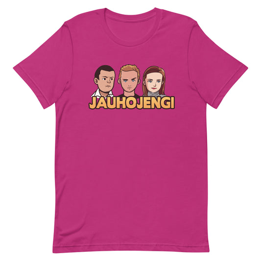 Ruusunpunainen jauhojengi t-paita, jossa animaatiokuvia hahmoista ja logo.