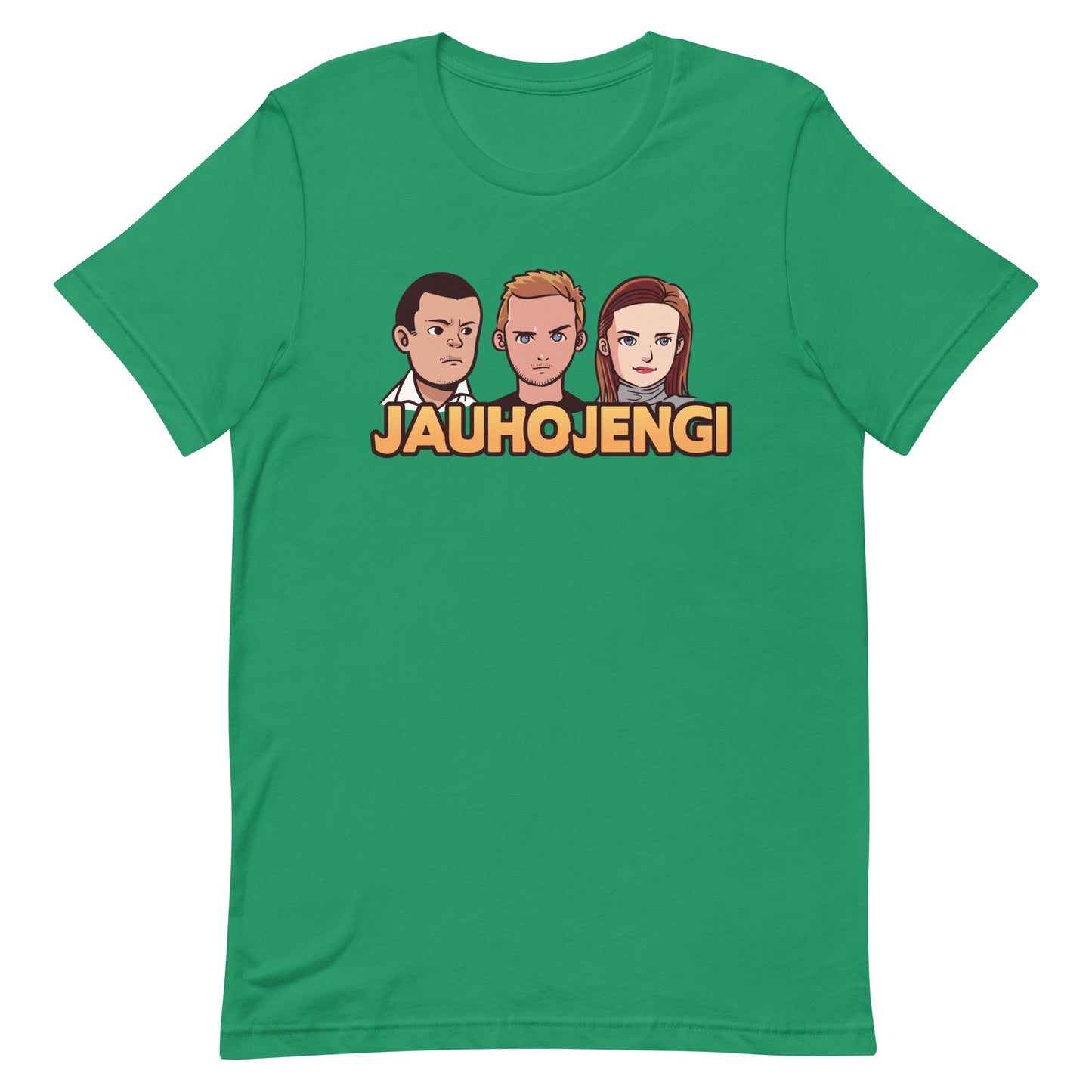 Vihreä jauhojengi t-paita, jossa on kolme hahmoa ja tyylikäs logo